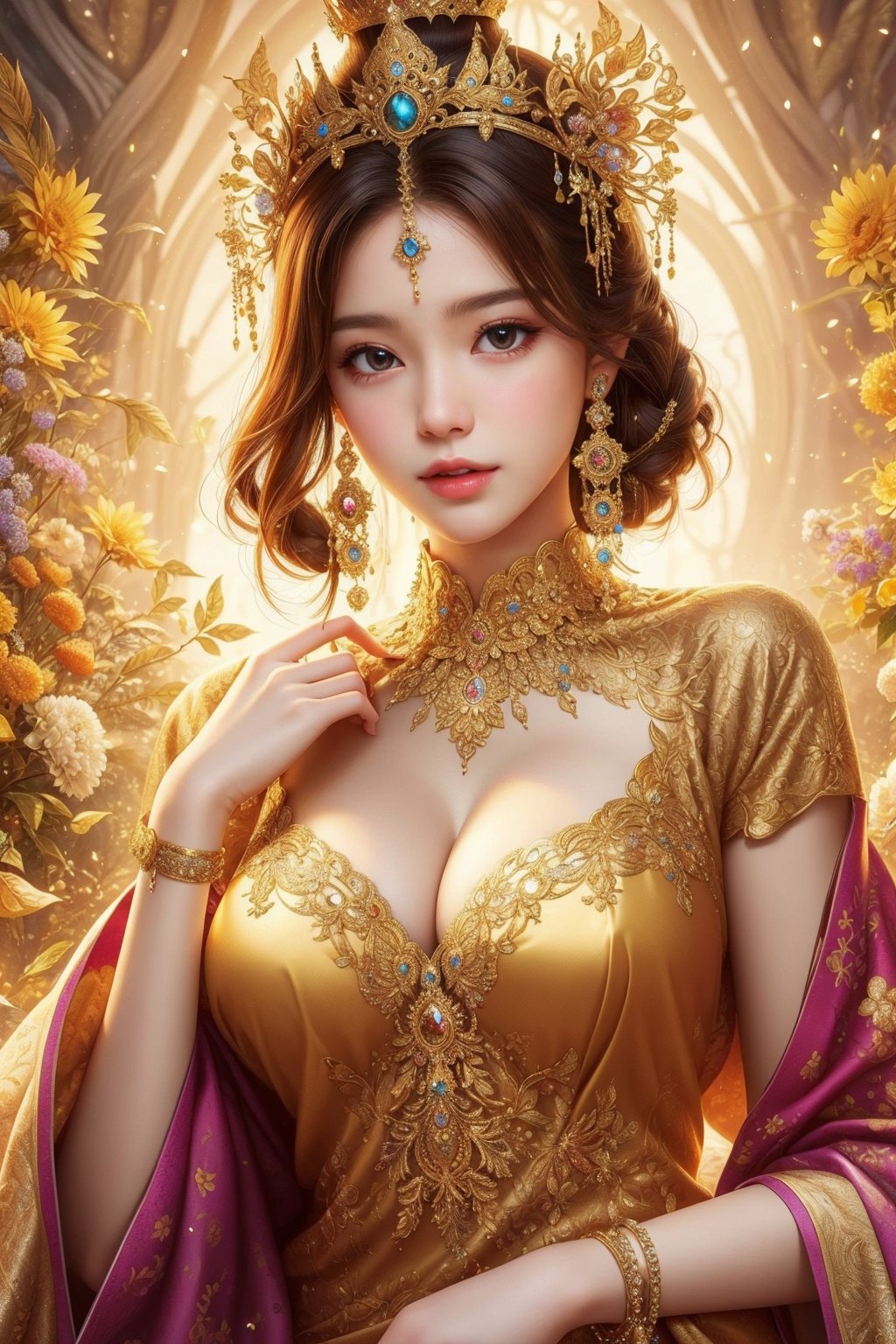 busty and sexy girl, 8k, masterpiece, ultra-realistic, best quality, high resolution, high definition, Mandala flower pattern,  INTRICATE GOLD CROWN, TAHI GIRL, INTRICATE PATTERN DRESS,TG