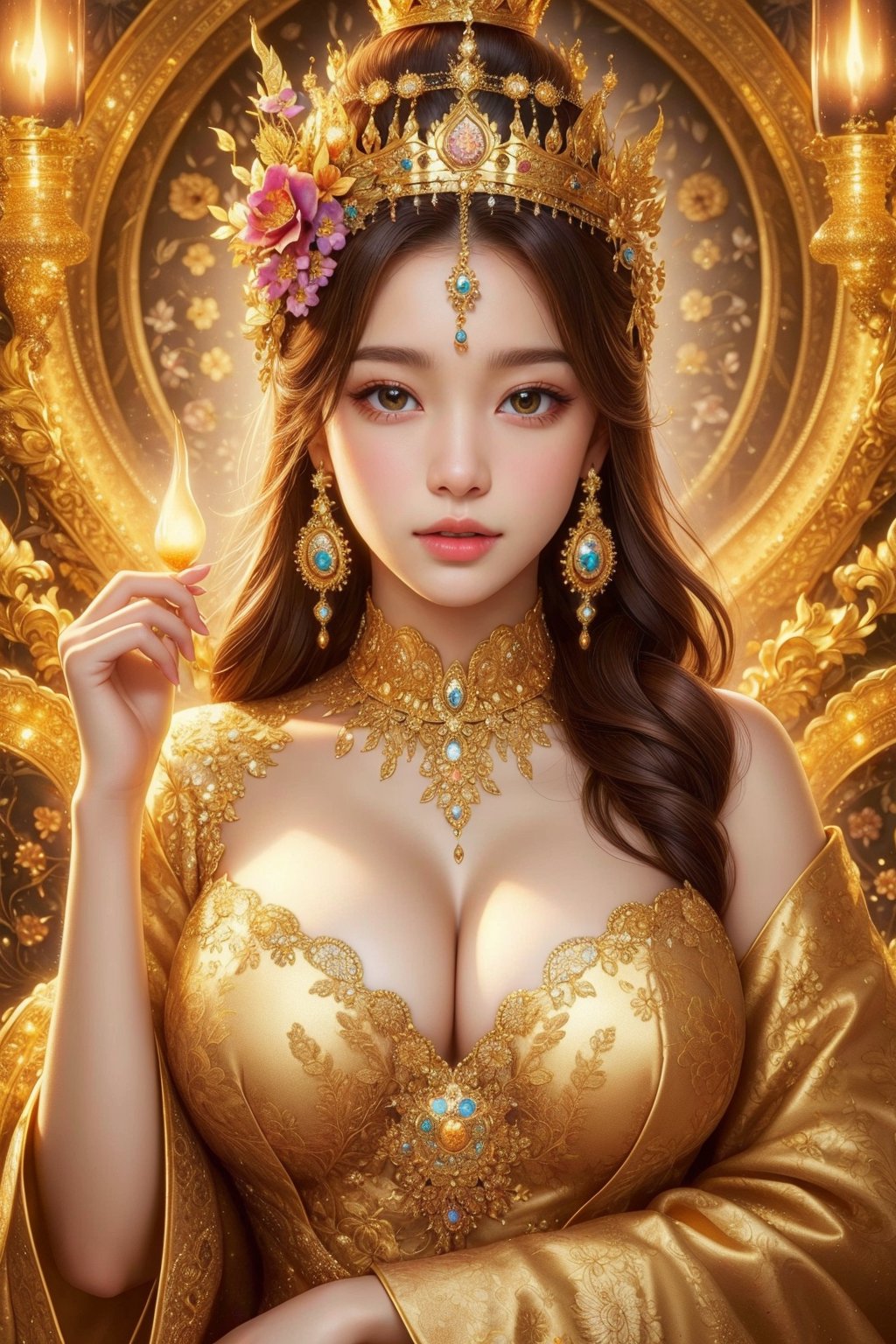 busty and sexy girl, 8k, masterpiece, ultra-realistic, best quality, high resolution, high definition, (Mandala flower pattern),  INTRICATE GOLD CROWN, TAHI GIRL, INTRICATE PATTERN DRESS