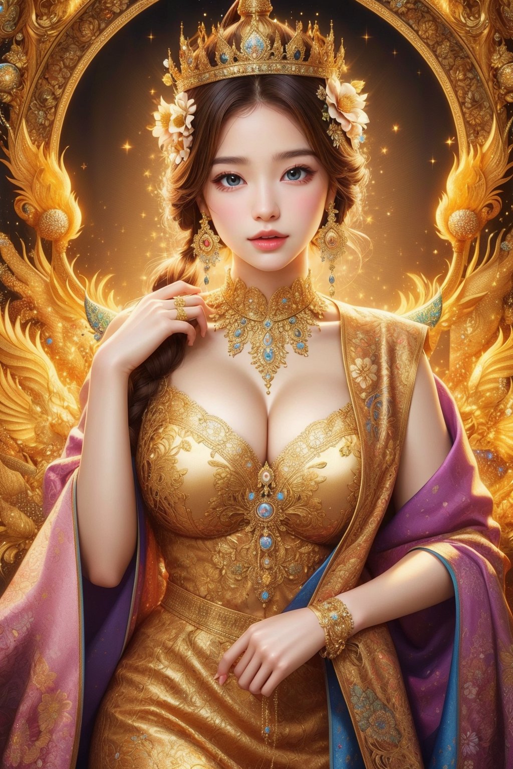 busty and sexy girl, 8k, masterpiece, ultra-realistic, best quality, high resolution, high definition, (Mandala flower pattern),  GOLD CROWN, TAHI GIRL, INTRICATE PATTERN DRESS