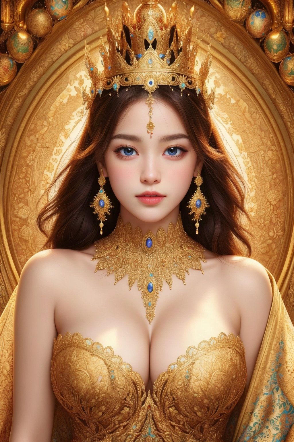 busty and sexy girl, 8k, masterpiece, ultra-realistic, best quality, high resolution, high definition, (Mandala flower pattern),  GOLD CROWN, TAHI GIRL, INTRICATE PATTERN DRESS