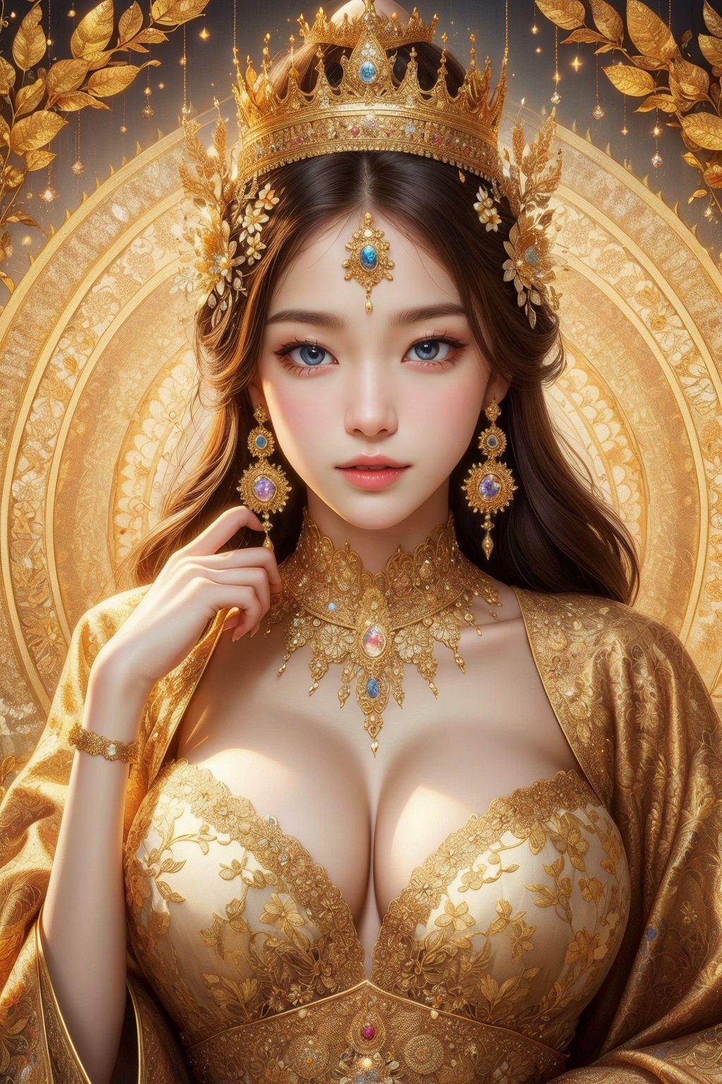 busty and sexy girl, 8k, masterpiece, ultra-realistic, best quality, high resolution, high definition, (Mandala flower pattern),  GOLD CROWN, TAHI GIRL, INTRICATE PATTERN DRESS