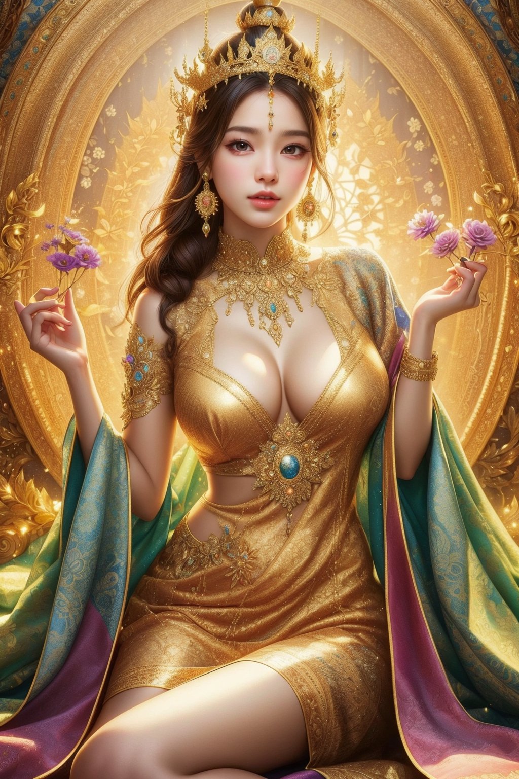 busty and sexy girl, 8k, masterpiece, ultra-realistic, best quality, high resolution, high definition, (Mandala flower pattern),  GOLD CROWN, TAHI GIRL, INTRICATE PATTERN DRESS