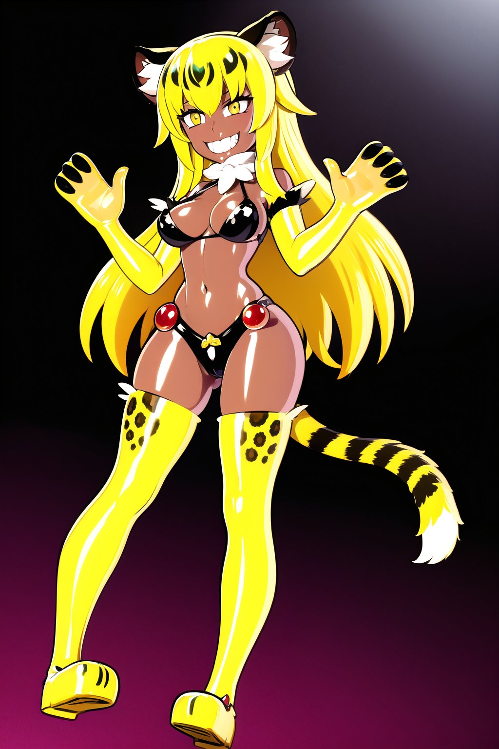 an SMD doll with a smile made  of shiny latex waving, long hair, ocelomeh, dark skin, animal hands, animal ears, slit pupils, tail, multicolored hair, blonde hair and yellow