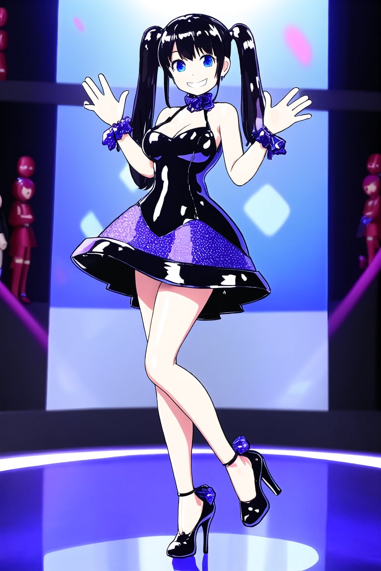 an SMD doll with a big smile made  of shiny latex waving ,long twin tails, high heels and dress