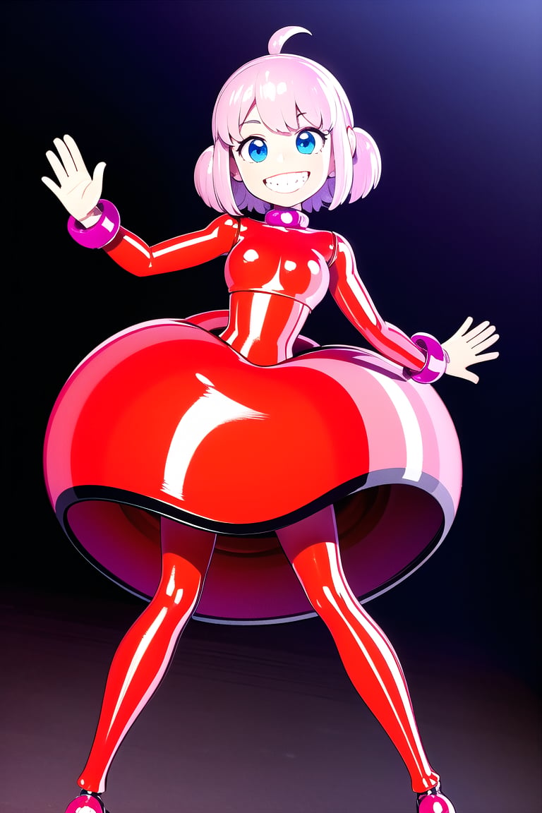 an SMD doll with a big smile made of shiny latex waving,Add more details