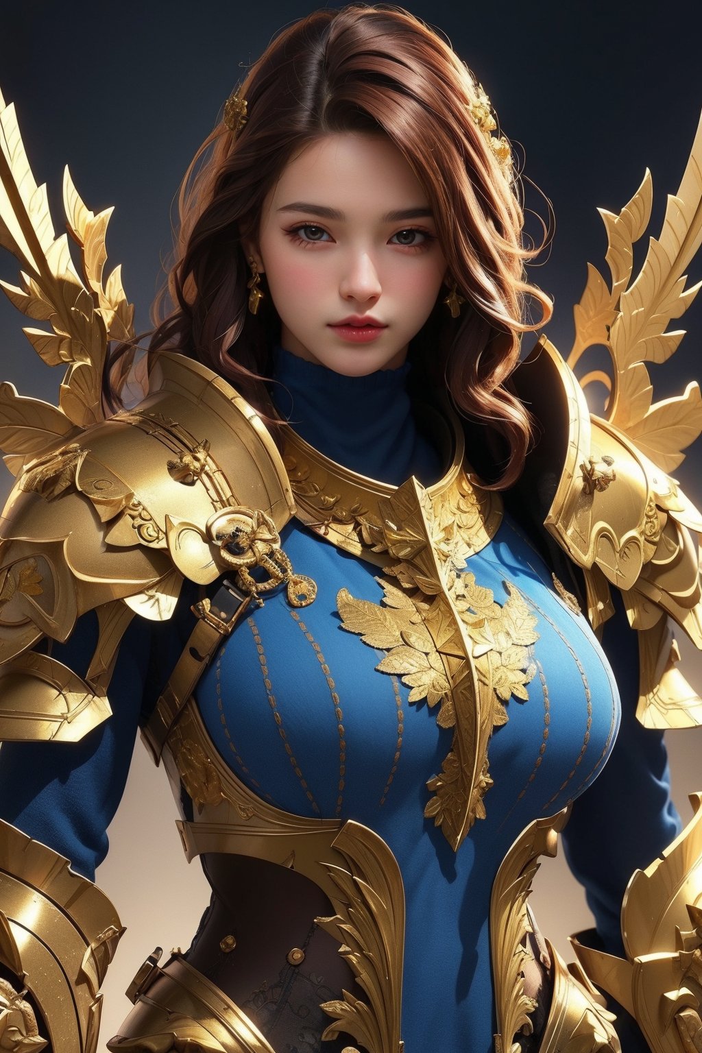 busty and sexy girl, 8k, masterpiece, ultra-realistic, best quality, high resolution, high definition, BLUE heavy thick armor, GOLDEN INTRICATE PATTERN, GOLD BADGES