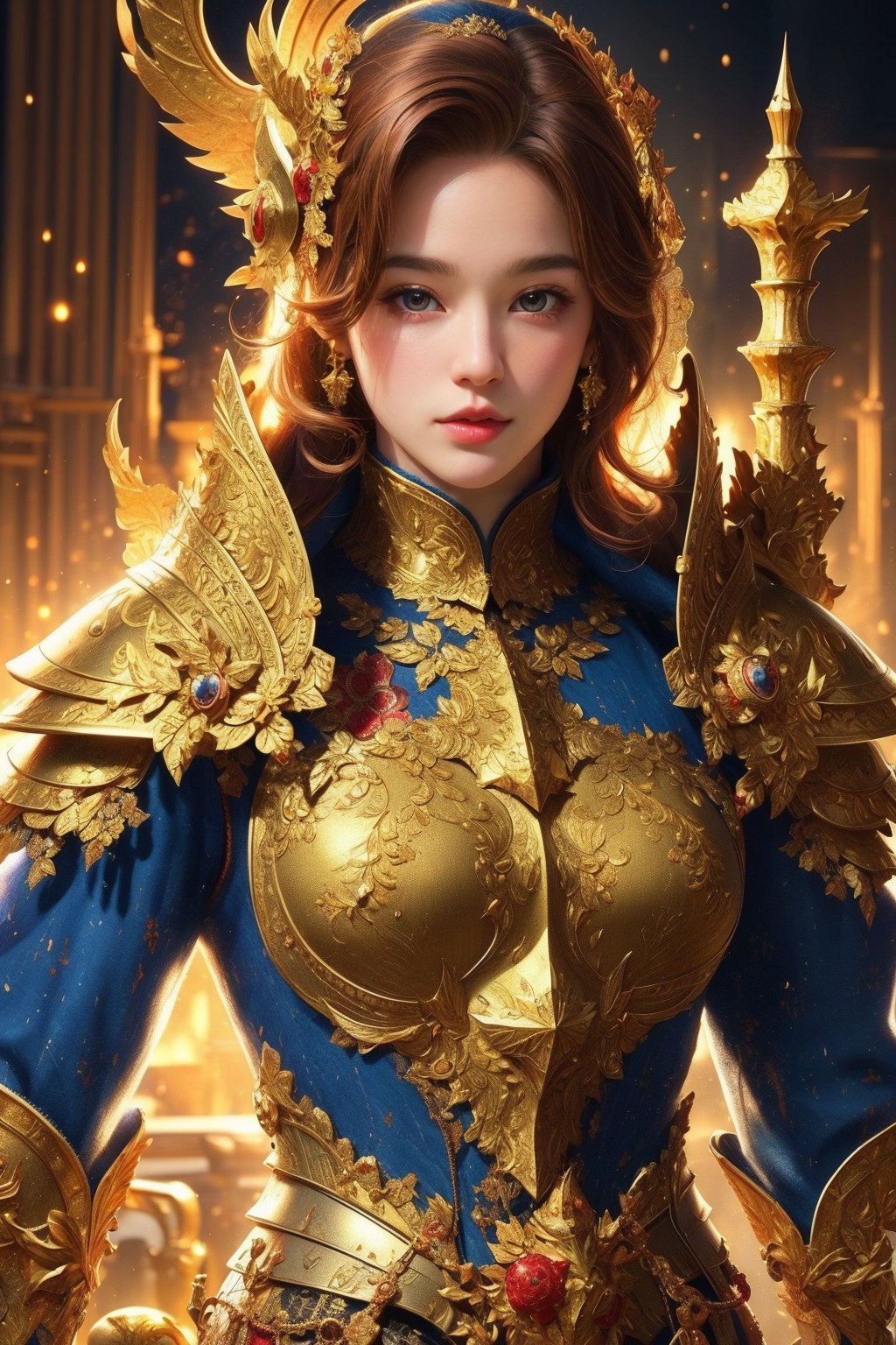  girl, 8k, masterpiece, ultra-realistic, best quality, high resolution, high definition, BLUE heavy thick armor, GOLDEN INTRICATE PATTERN, GOLD BADGES,TG