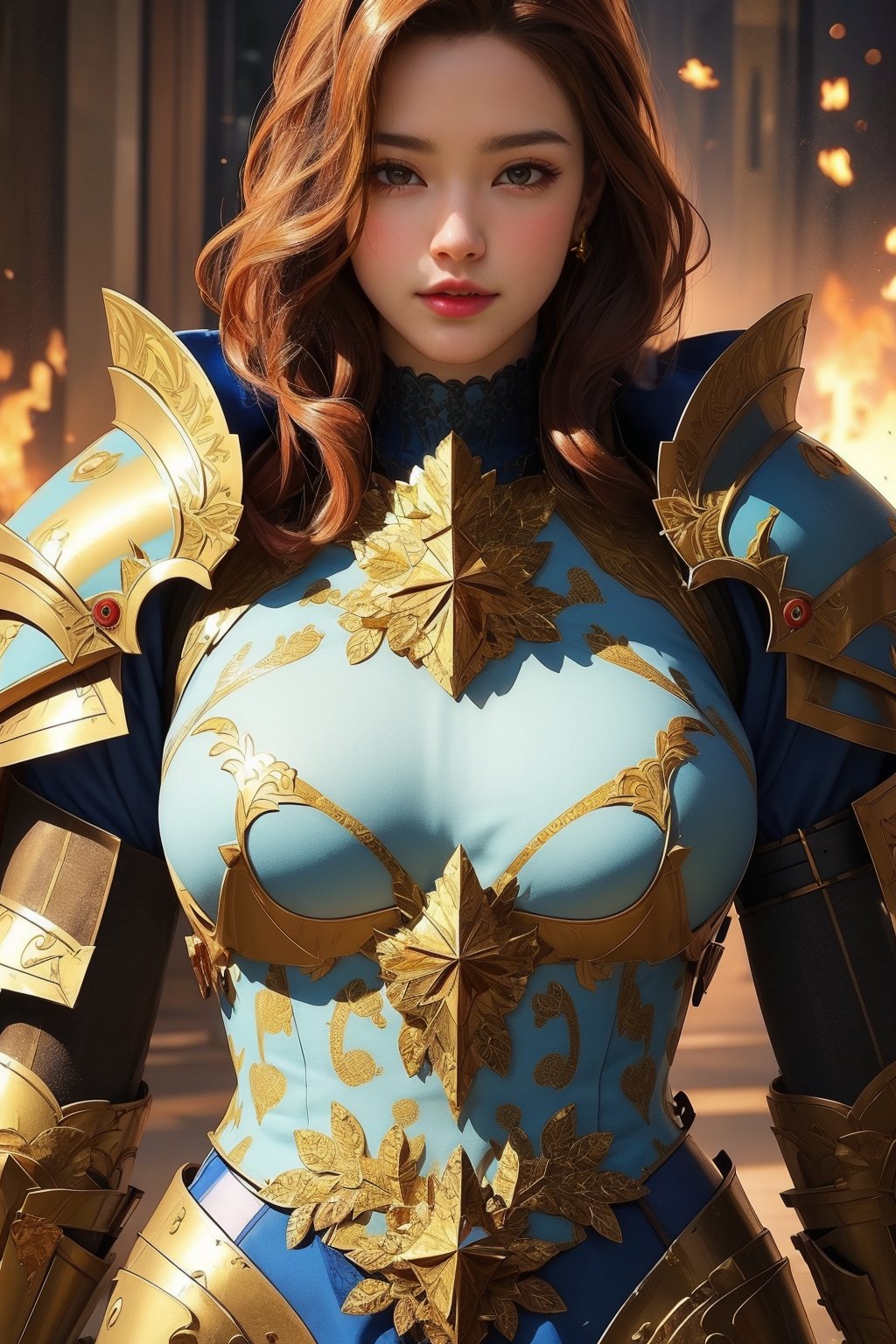 busty and sexy girl, 8k, masterpiece, ultra-realistic, best quality, high resolution, high definition, BLUE heavy thick armor, GOLDEN INTRICATE PATTERN, GOLD BADGES,HKNIGHT