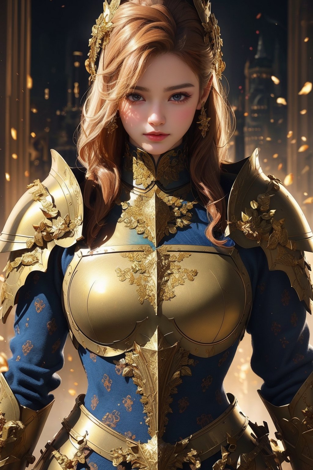  girl, 8k, masterpiece, ultra-realistic, best quality, high resolution, high definition, BLUE heavy thick armor, GOLDEN INTRICATE PATTERN, GOLD BADGES