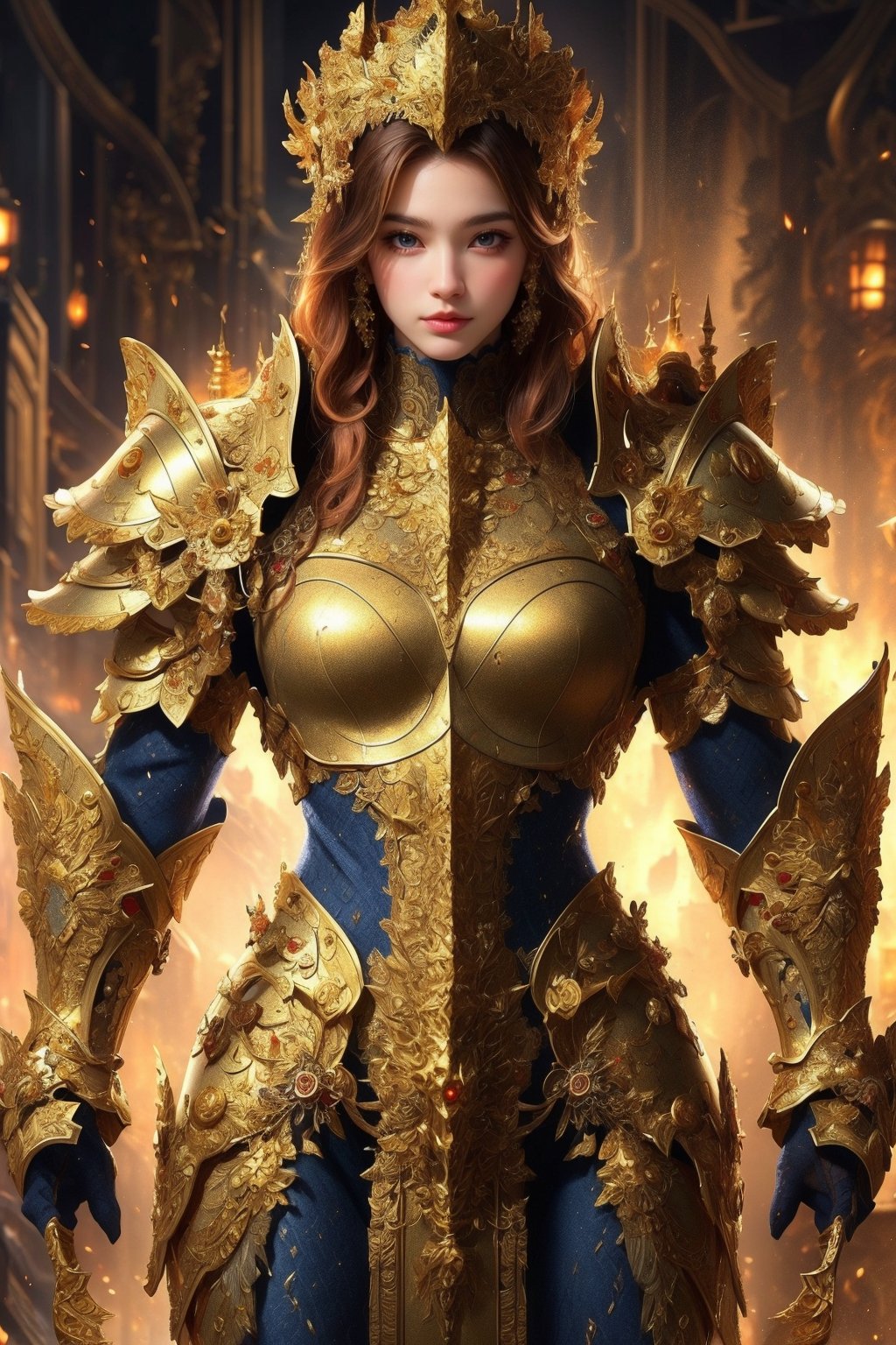  girl, 8k, masterpiece, ultra-realistic, best quality, high resolution, high definition, BLUE heavy thick armor, GOLDEN INTRICATE PATTERN, GOLD BADGES,TG