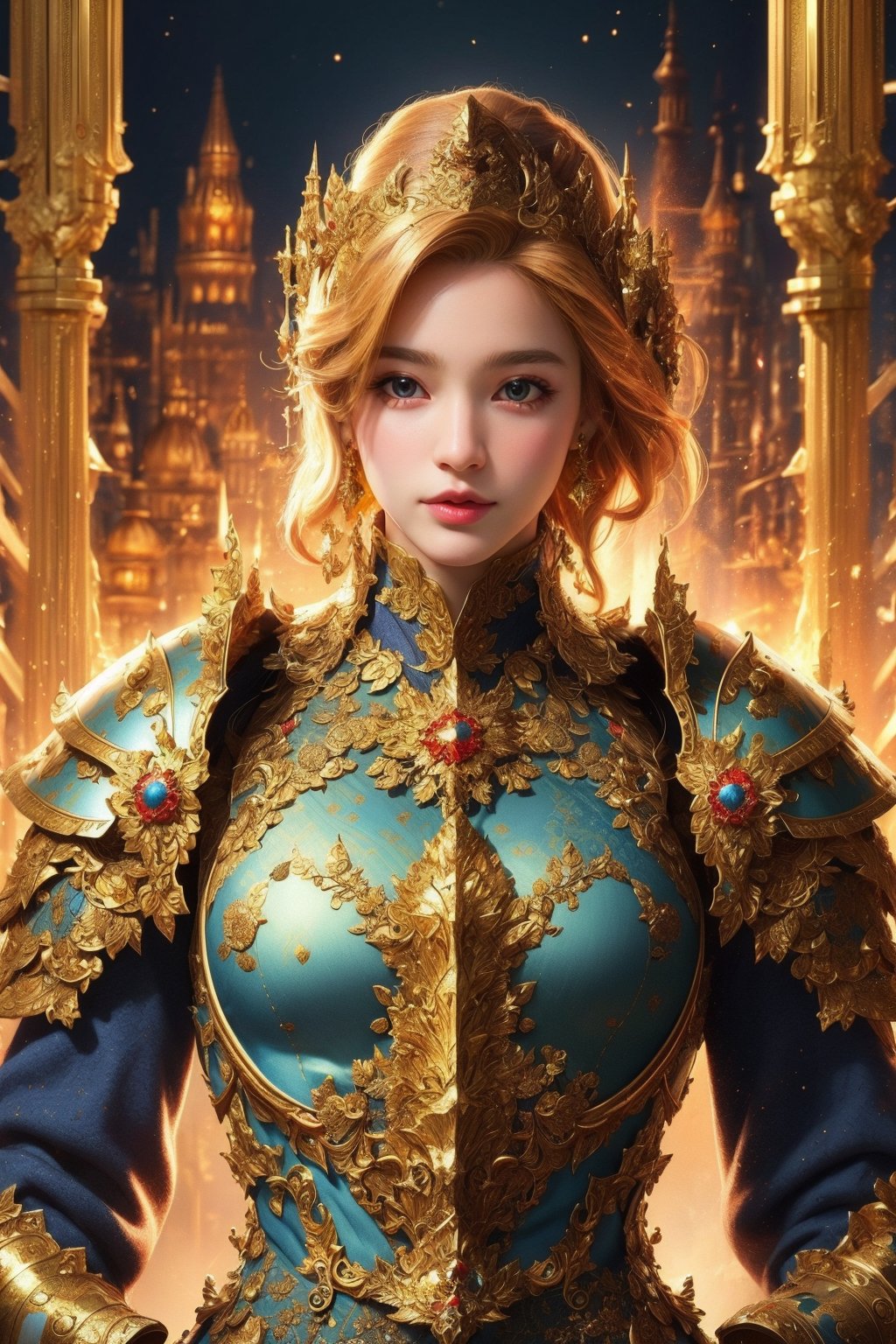  girl, 8k, masterpiece, ultra-realistic, best quality, high resolution, high definition, BLUE heavy thick armor, GOLDEN INTRICATE PATTERN, GOLD BADGES,TG