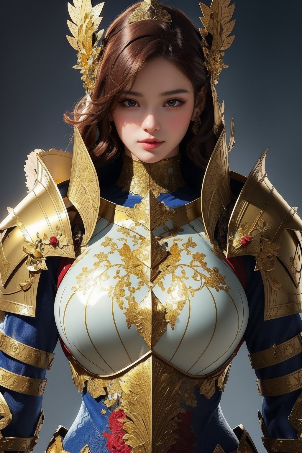 busty and sexy girl, 8k, masterpiece, ultra-realistic, best quality, high resolution, high definition, BLUE heavy thick armor, GOLDEN INTRICATE PATTERN, GOLD BADGES,HKNIGHT