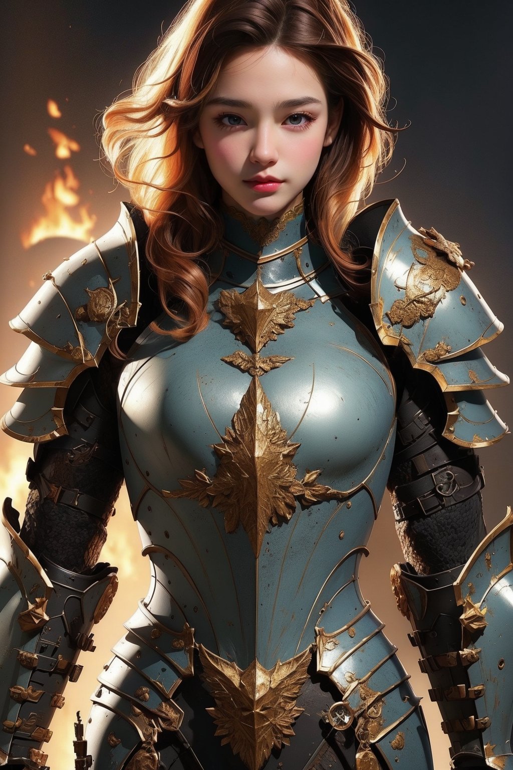  girl, 8k, masterpiece, ultra-realistic, best quality, high resolution, high definition, GREY heavy thick armor, EAGEL LOGO