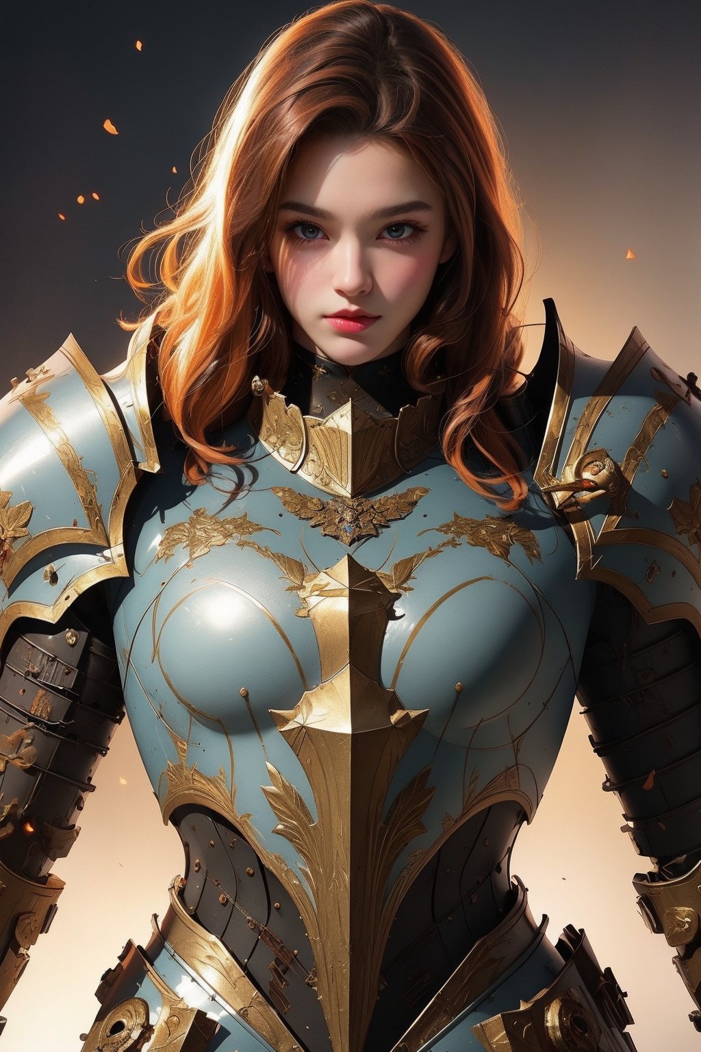  girl, 8k, masterpiece, ultra-realistic, best quality, high resolution, high definition, GREY heavy thick armor, EAGEL LOGO