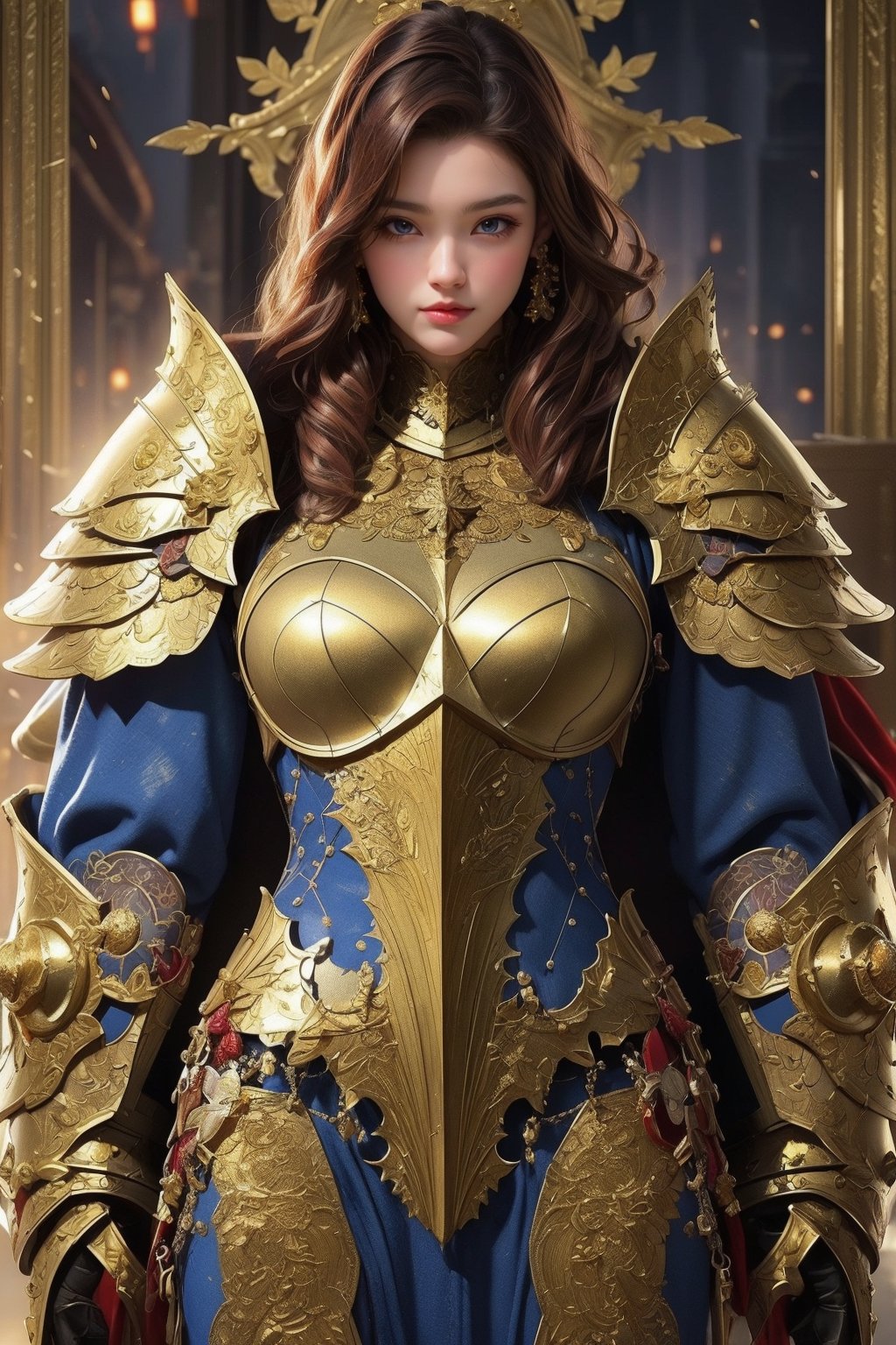  girl, 8k, masterpiece, ultra-realistic, best quality, high resolution, high definition, BLUE heavy thick armor, GOLDEN INTRICATE PATTERN, GOLD BADGES