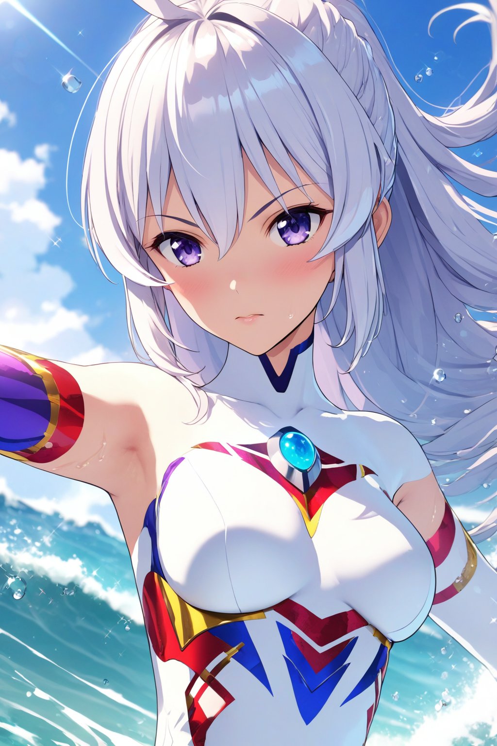 ultragirl shion, bing girl, close up, high tension, day, sea, blue sky, lens flare, fighting stance, waves, ripples, sparkles, 