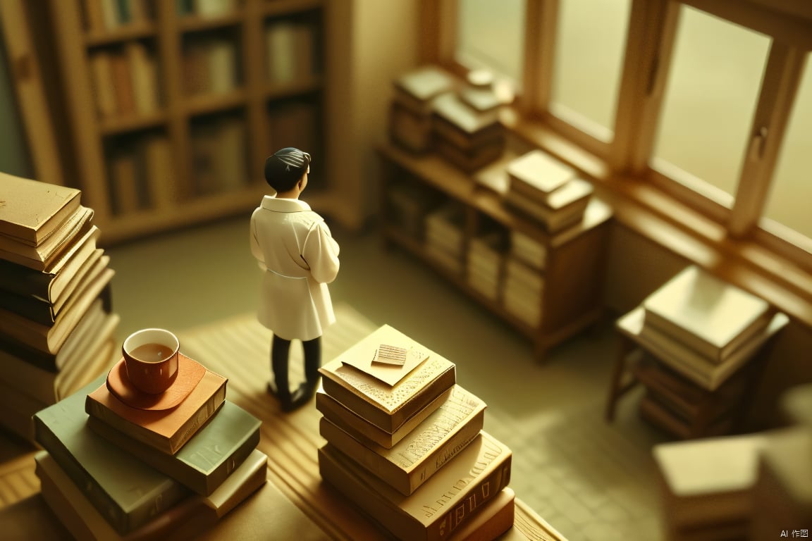 1man,white clothes,top view,upper body,dress,indoors,table,desk,books,windows,scenery,focused,film grain,depth of field,motion blur,outdoors,blur background,blur foreground,miniature world,