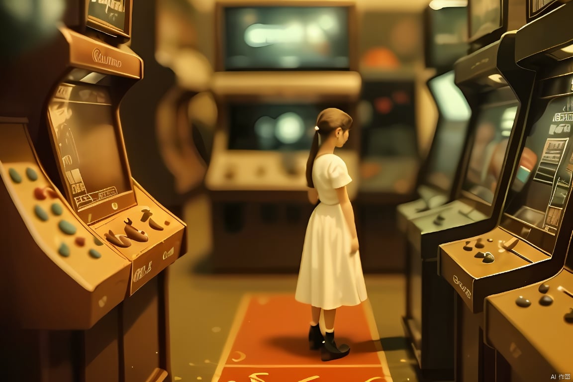 1girl,side view,white dress,game hall,indoors,scenery,focused,film grain,depth of field,motion blur,mini-world