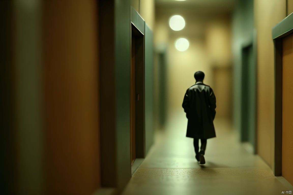 mini-world,1man,back,from behind,black trench coat, hallway,indoors,,focused,film grain,depth of field,motion blur,blur background,iniature world,