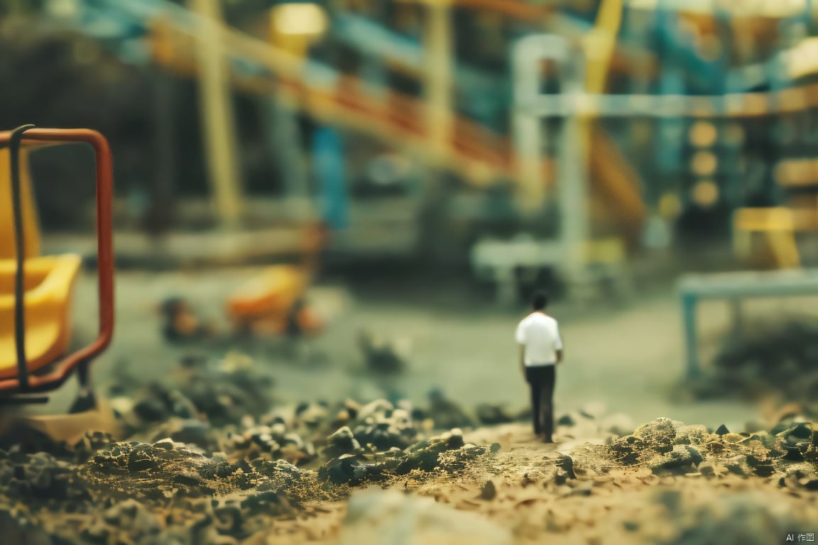 1man,back,building,amusement park,sports equipment,outdoors,scenery,focused,film grain,depth of field,motion blur,blur background,blur foreground,miniature world,mini-world,scenery wallpaper,modelshoot style