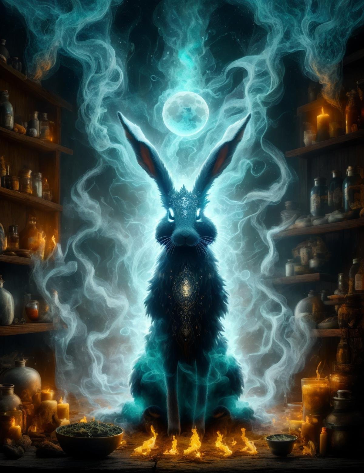 DonM50u13ff1g13  moon rabbit, supernatural being, shapeshifting abilities, appears as smoke or fire, humanoid appearance, magical supernatural powers, air and fire elements,  powerful and mysterious, apparitional,engaging,ethnic cuisine,created ,   <lora:DonM50u13ff1g13-000007:0.85>