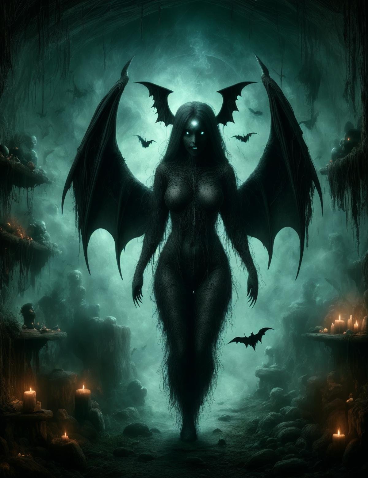 DonM50u13ff1g13  dwarf, female mythical creature, separated upper torso, bat like wings on detached torso, long proboscis like tongue, sharp claws, long disheveled hair, distinctive eerie sound, malevolent vampiric entity, Black as coal ,   <lora:DonM50u13ff1g13-000007:0.85>