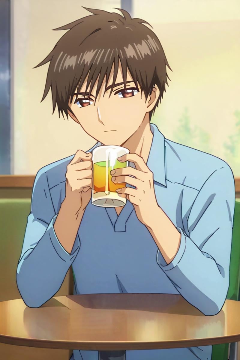 score_9,score_8_up,score_7_up,source_anime,looking at viewer, 1boy, solo,Touya Kinomoto,brown hair,brown eyes, sitting,hand holding cup, drinking,table, chair,upper_body<lora:EMS-395903-EMS:1.000000>