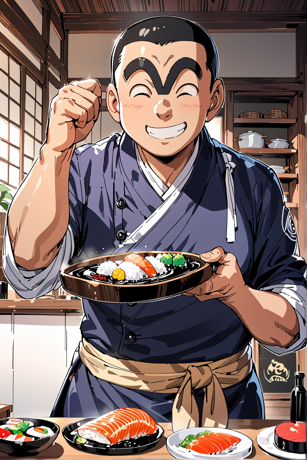 1boy, Ryōtsu Kankichi (Kochikame), solo, 
unibrow, thick Eyebrow, black hair,
black eyes,
short body, wide body, broad shoulders, 
short,clog,

japanese_clothes,
chef,sushi chef, cooking
roll up sleeves,

scenery,
smile, 
unibrow, short,

Masterpiece, 4K, ultra detailed, anime style, 
more detail XL, SFW, 
depth of field,
Ink art,Giboshi Matoi(Kochikame),Ryōtsu Kankichi(Kameari)