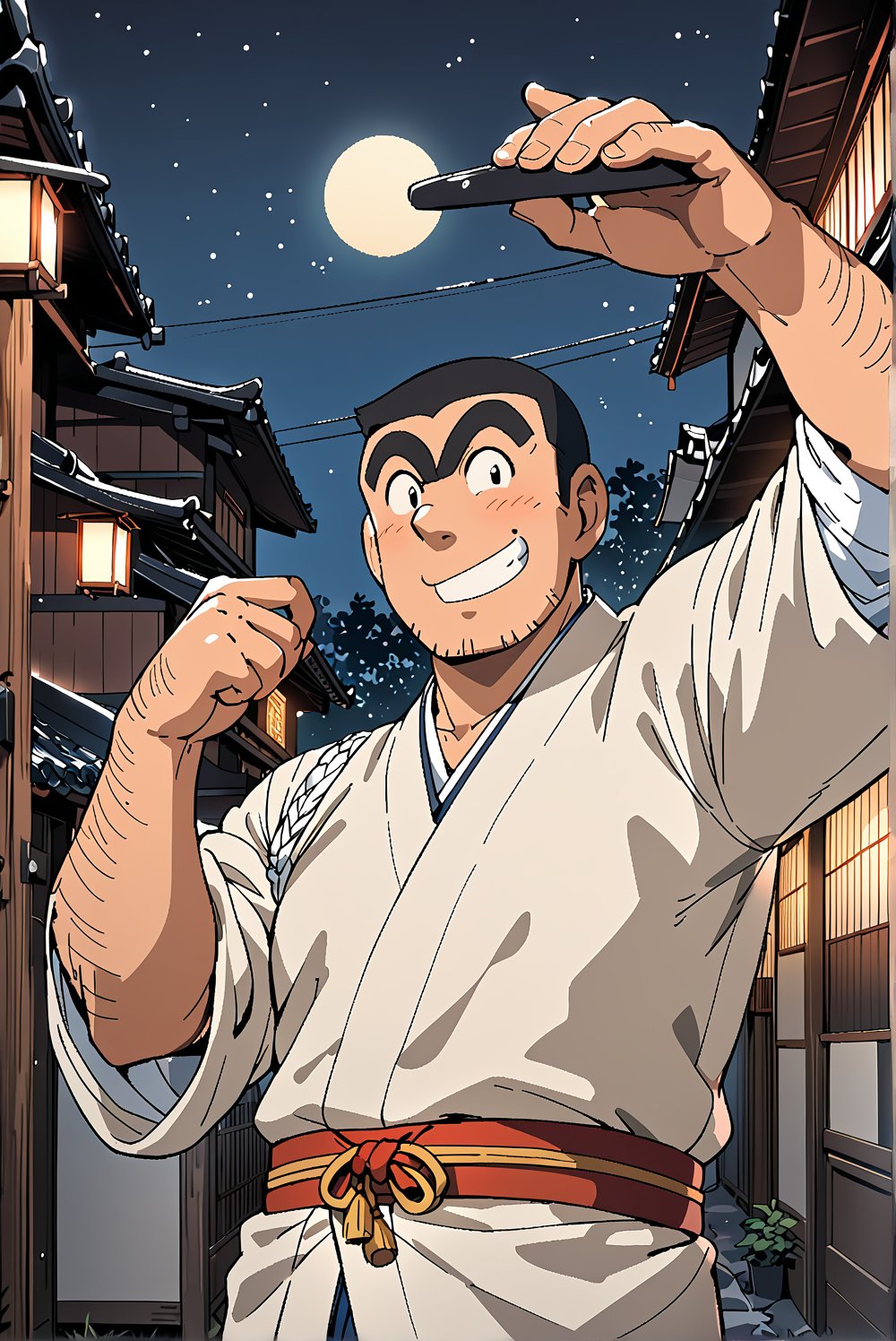 1boy, Ryōtsu Kankichi (Kochikame), solo, 
unibrow, thick Eyebrow, black hair,
black eyes,
hand_hair,stubble,
short body, wide body, broad shoulders, 
short,clog,


japanese_clothes,hanten_(clothes),
roll up sleeves,
scenery,night, moon,

smile, unibrow, short,

Masterpiece, 4K, ultra detailed, anime style, 
more detail XL, SFW, 
depth of field,
Ink art,Giboshi Matoi(Kochikame),Ryōtsu Kankichi(Kameari)