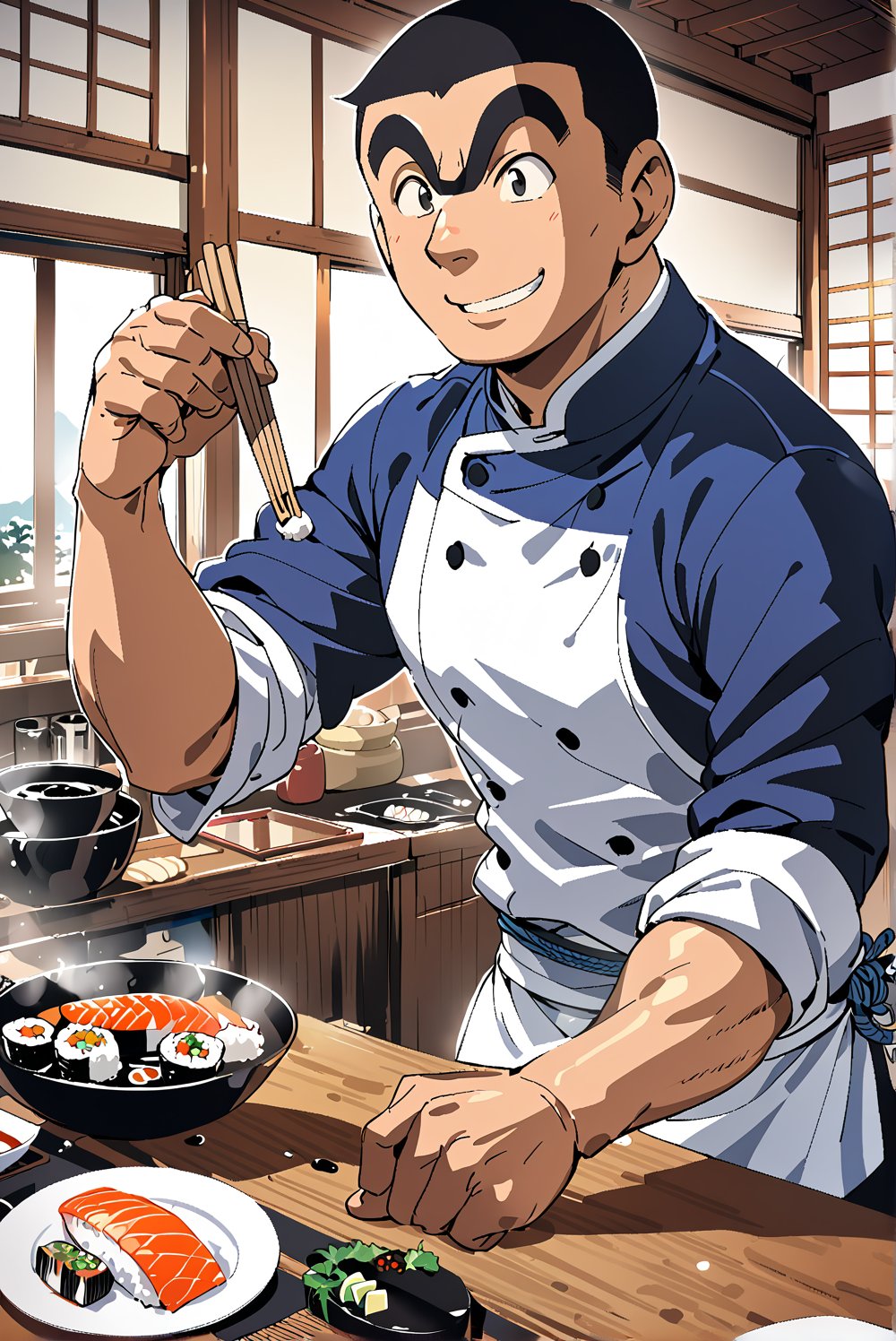 1boy, Ryōtsu Kankichi (Kochikame), solo, 
unibrow, thick Eyebrow, black hair,
black eyes,
hand_hair,
short body, wide body, broad shoulders, 
short,clog,

japanese_clothes,
chef,sushi chef, cooking
roll up sleeves,

scenery,
smile, 
unibrow, short,

Masterpiece, 4K, ultra detailed, anime style, 
more detail XL, SFW, 
depth of field,
Ink art,Giboshi Matoi(Kochikame),Ryōtsu Kankichi(Kameari)