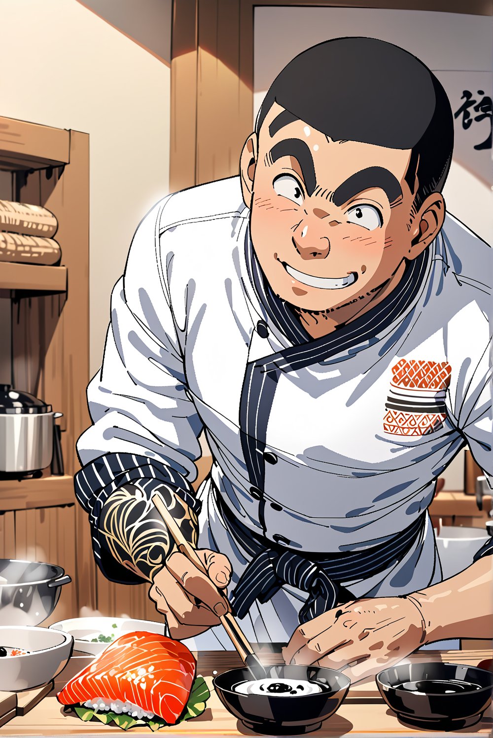 1boy, Ryōtsu Kankichi (Kochikame), solo, 
unibrow, thick Eyebrow, black hair,
black eyes,
short body, wide body, broad shoulders, 
short,clog,

japanese_clothes,
chef,sushi chef, cooking
roll up sleeves,

scenery,
smile, 
unibrow, short,

Masterpiece, 4K, ultra detailed, anime style, 
more detail XL, SFW, 
depth of field,
Ink art,Giboshi Matoi(Kochikame),Ryōtsu Kankichi(Kameari)