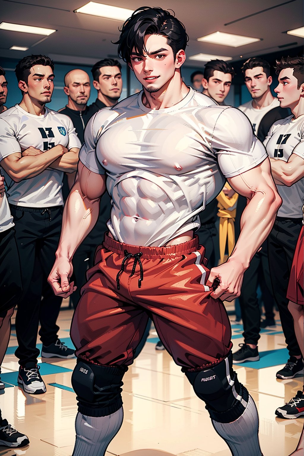 nervous, sweet-looking young man, clearly not a bodybuilder, struggles to lift a barbell twice his size in a crowded gym. A group of muscular bystanders, including a woman with a mischievous grin, offer him encouragement and helpful pointers.