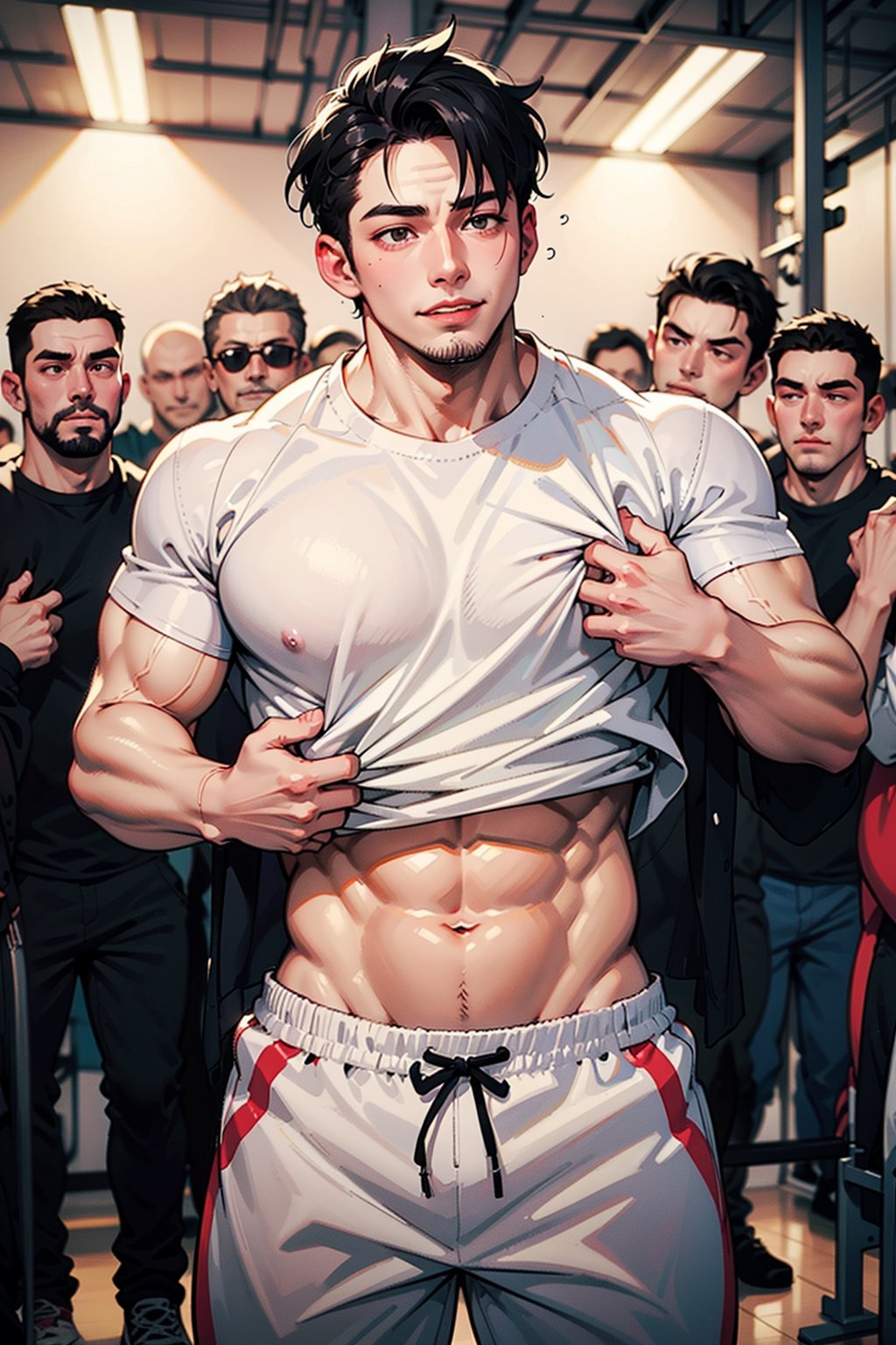 nervous, sweet-looking young man, clearly not a bodybuilder, struggles to lift a barbell twice his size in a crowded gym. A group of muscular bystanders, including a woman with a mischievous grin, offer him encouragement and helpful pointers.