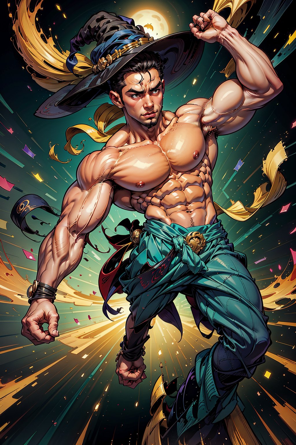 kind-hearted Asian bodybuilder with long, flowing hair, wearing a traditional ninja outfit modified to accommodate his muscles, leaps through a neon-lit cityscape in a dynamic pose, determined to protect a young witch casting a spell.