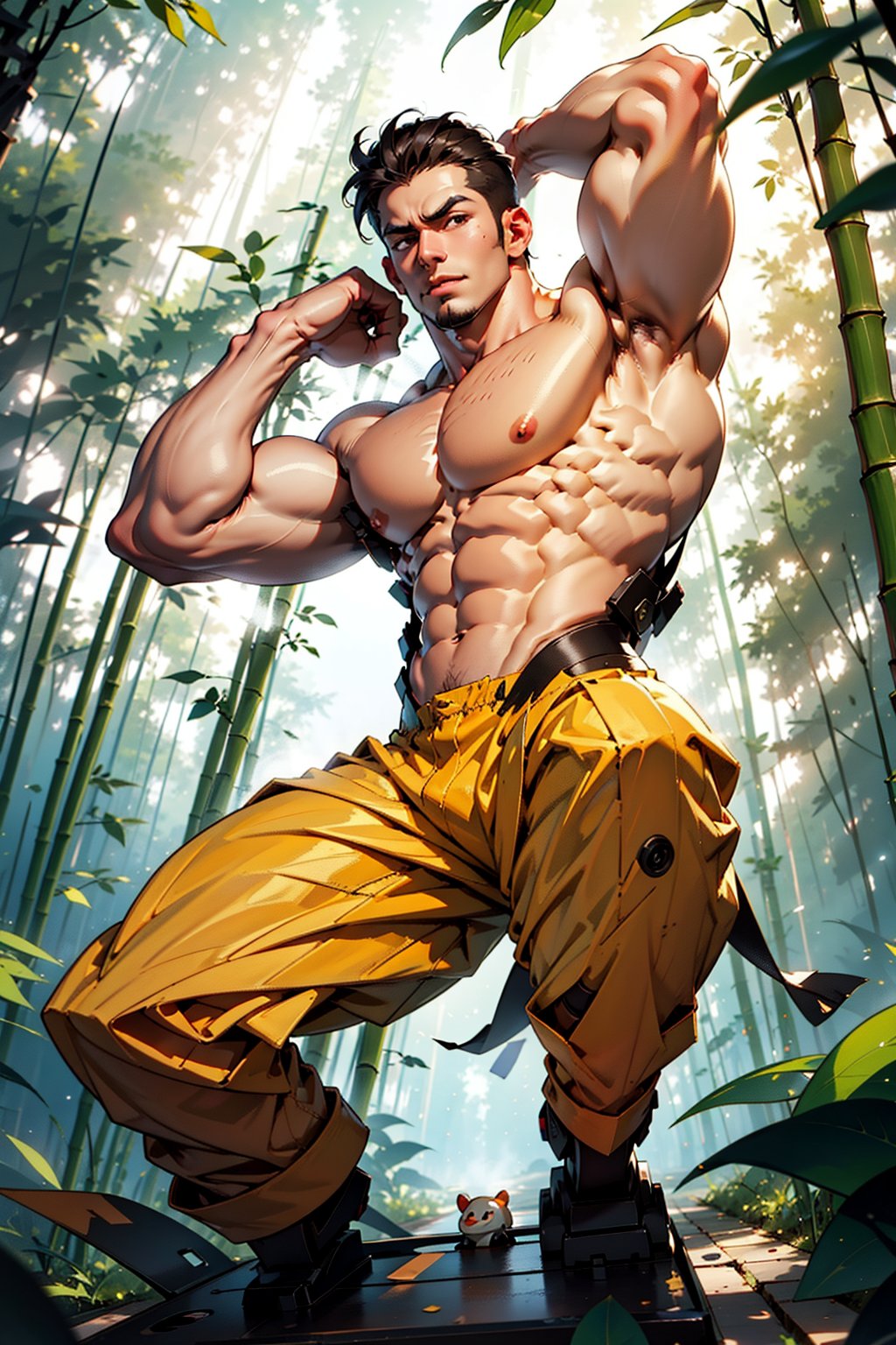 sweet-faced South Asian man, muscular but not overly bulky, practices yoga in a serene bamboo forest. Next to him, a small, steam-powered robot with mismatched parts mimics his poses with surprising flexibility.