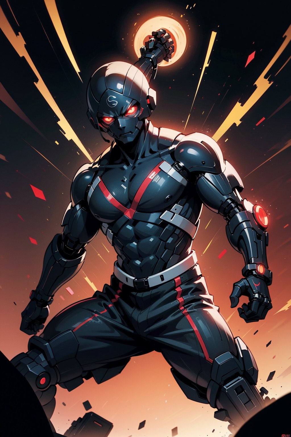 stoic, battle-hardened ninja with a cybernetic arm and glowing red eyes infiltrates a high-tech facility in a dynamic pose. He dodges lasers while throwing smoke bombs to create a distraction.