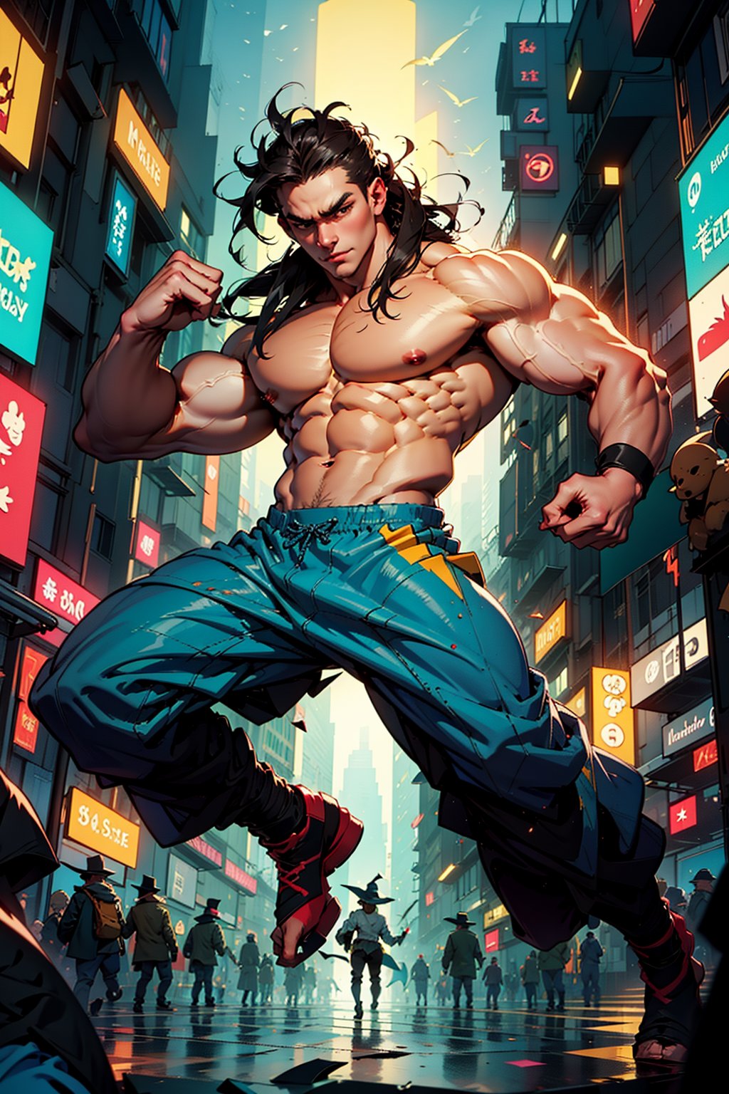 kind-hearted Asian bodybuilder with long, flowing hair, wearing a traditional ninja outfit modified to accommodate his muscles, leaps through a neon-lit cityscape in a dynamic pose, determined to protect a young witch casting a spell.