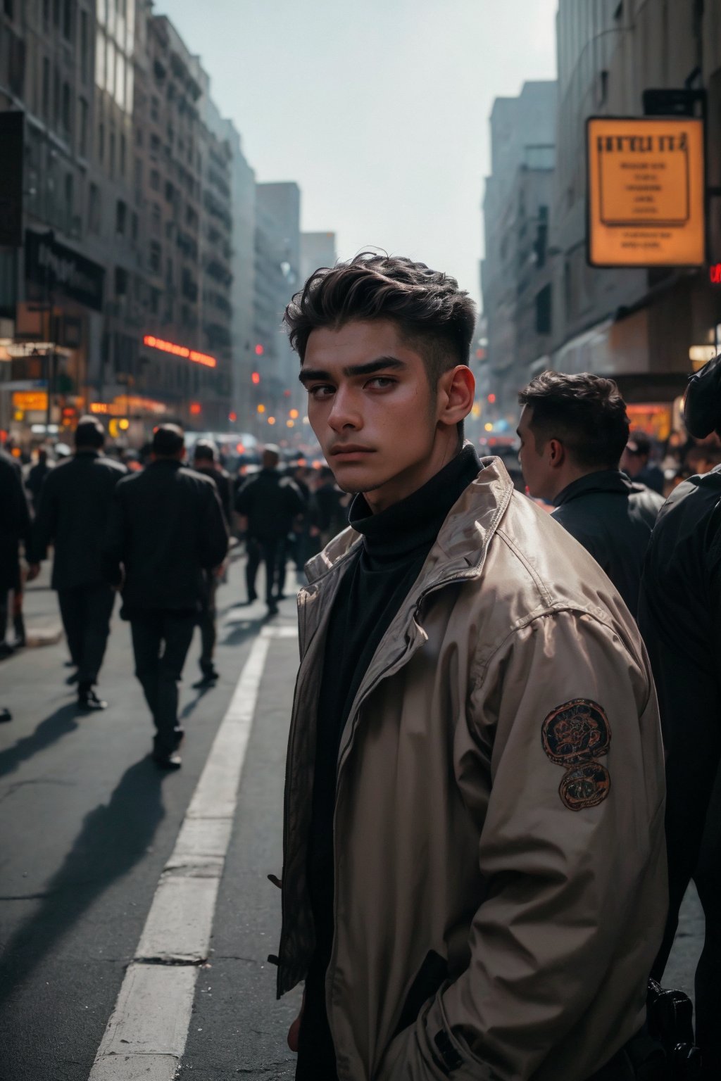 (( film grain, cinematic film, RAW photo, dark, intricate detail, grainy, niosy, gritty, vintage paper, ))
.
.
A young man standing on a crowded street in a big city, looking up at the skyscrapers. He is wearing a jacket and has a determined expression on his face. The sky is visible in the background.