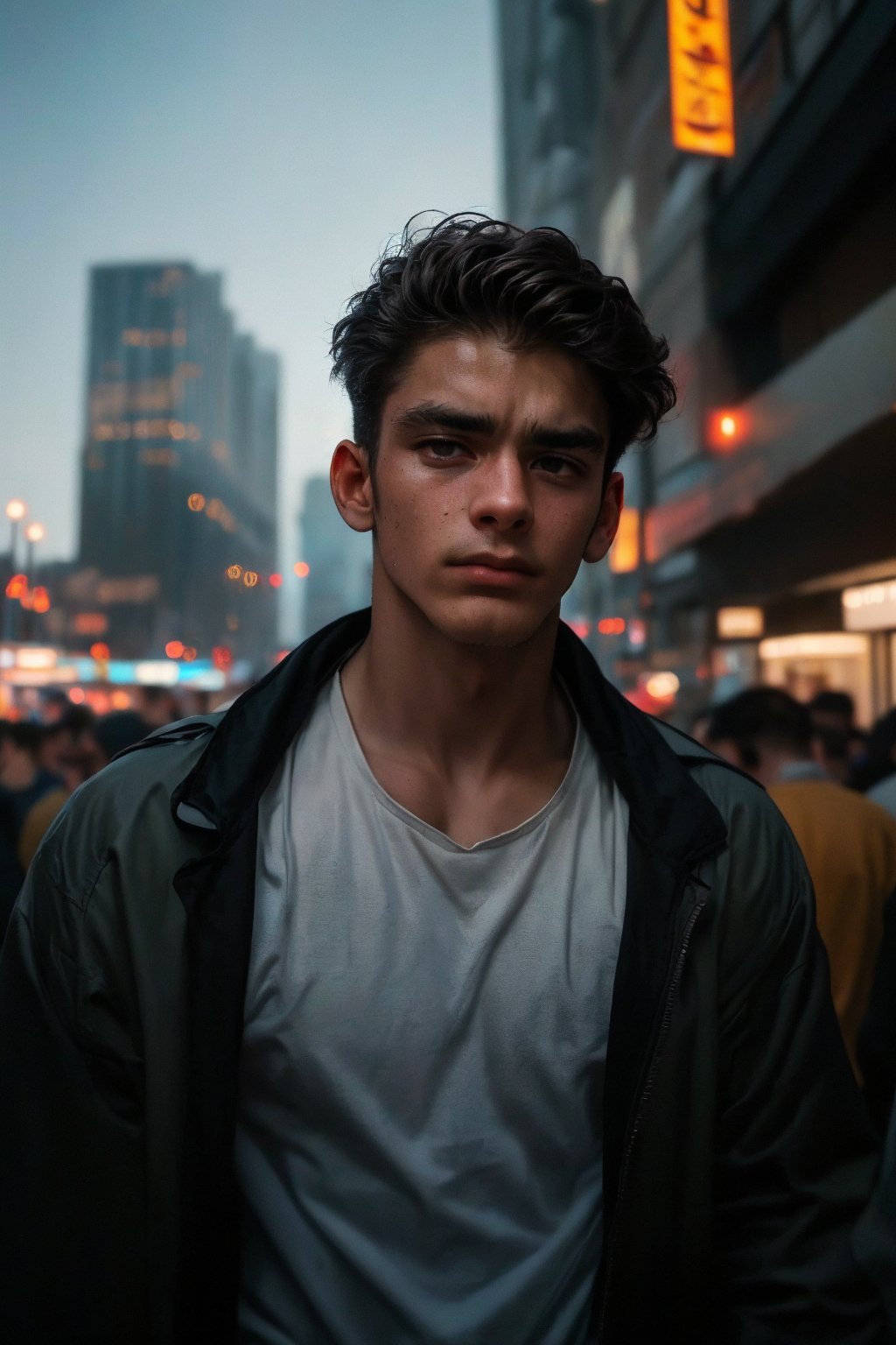 (( film grain, cinematic film, RAW photo, dark, intricate detail, grainy, niosy, gritty, vintage paper, ))
.
.
A young man standing on a crowded street in a big city, looking up at the skyscrapers. He is wearing a jacket and has a determined expression on his face. The sky is visible in the background.