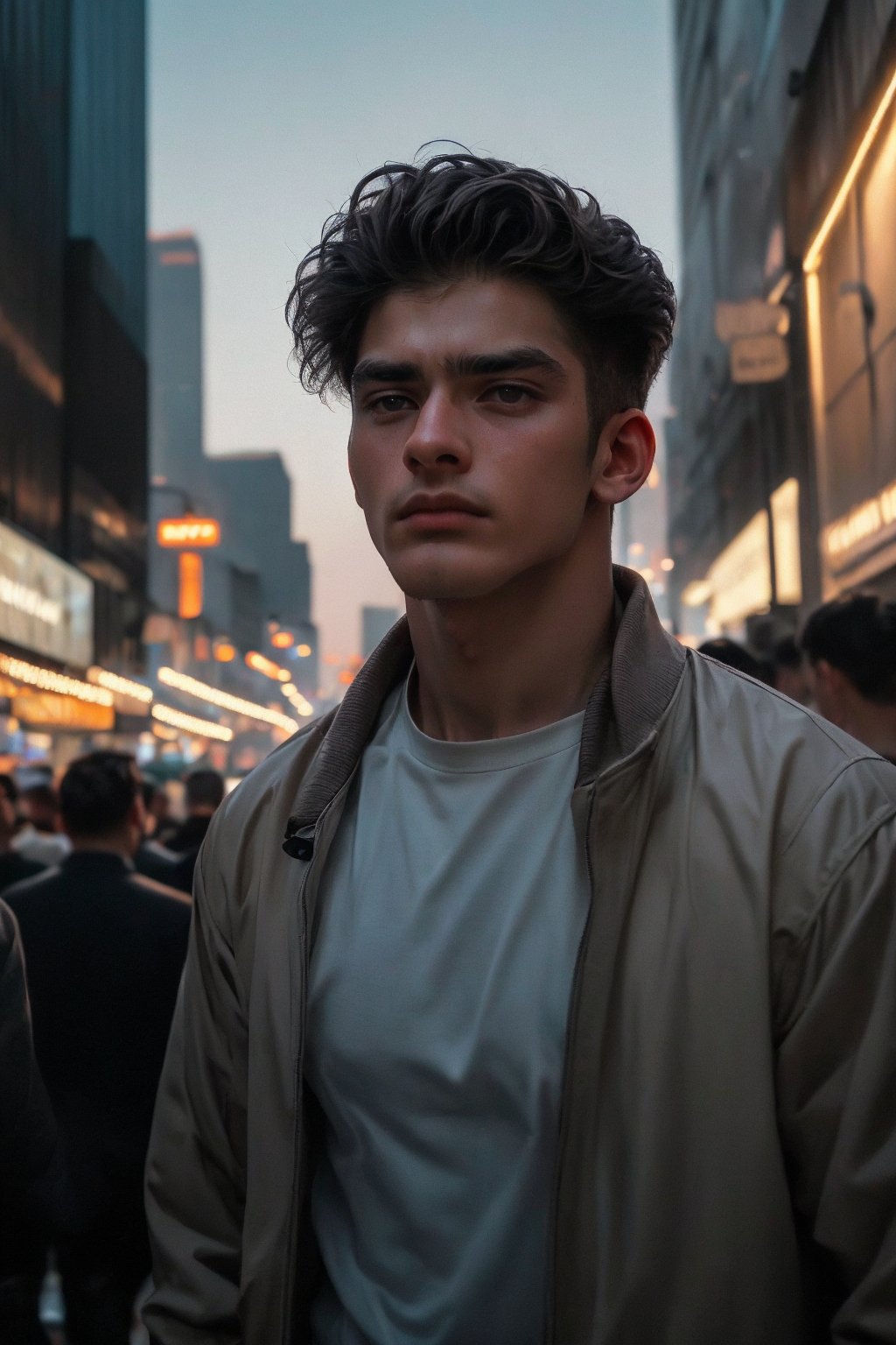 (( film grain, cinematic film, RAW photo, dark, intricate detail, grainy, niosy, gritty, vintage paper, ))
.
.
A young man standing on a crowded street in a big city, looking up at the skyscrapers. He is wearing a jacket and has a determined expression on his face. The sky is visible in the background.