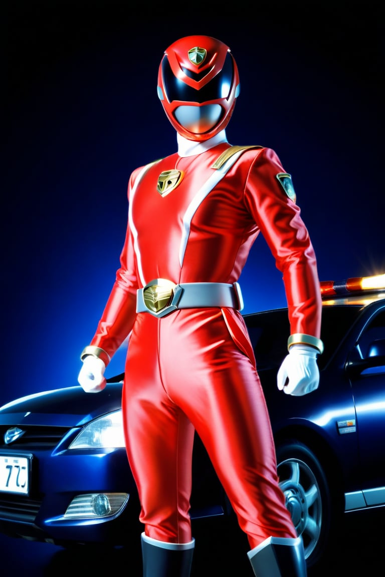 A solo Super Sentai hero in a bold red and black costume stands proudly against a simple, dark blue background. The lighting is dramatic, with a bright spotlight highlighting the hero's confident pose. In the foreground, a sleek police car and flashing sirens add to the action-packed atmosphere, symbolizing the hero's law enforcement theme.,dekaranger