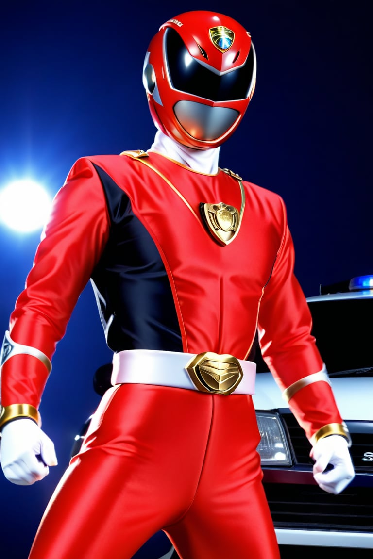 A solo Super Sentai hero in a bold red and black costume stands proudly against a simple, dark blue background. The lighting is dramatic, with a bright spotlight highlighting the hero's confident pose. In the foreground, a sleek police car and flashing sirens add to the action-packed atmosphere, symbolizing the hero's law enforcement theme.,dekaranger