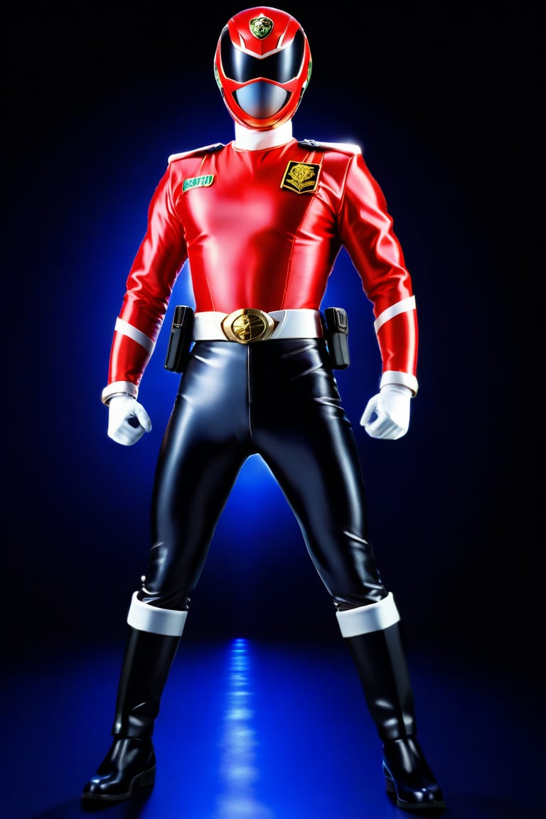 A solo Super Sentai hero in a bold red and black costume stands proudly against a simple, dark blue background. The lighting is dramatic, with a bright spotlight highlighting the hero's confident pose. In the foreground, a sleek police car and flashing sirens add to the action-packed atmosphere, symbolizing the hero's law enforcement theme.,dekaranger