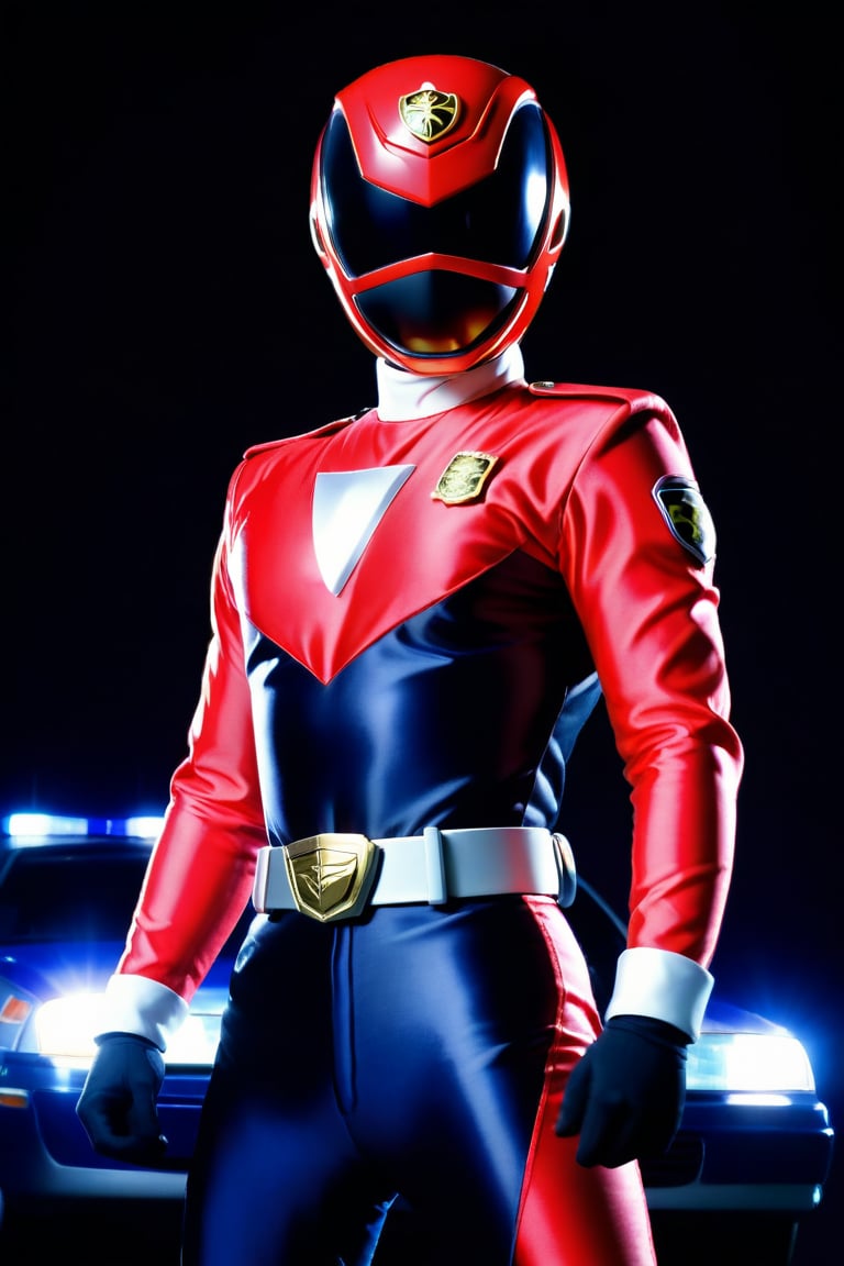 A solo Super Sentai hero in a bold red and black costume stands proudly against a simple, dark blue background. The lighting is dramatic, with a bright spotlight highlighting the hero's confident pose. In the foreground, a sleek police car and flashing sirens add to the action-packed atmosphere, symbolizing the hero's law enforcement theme.,dekaranger