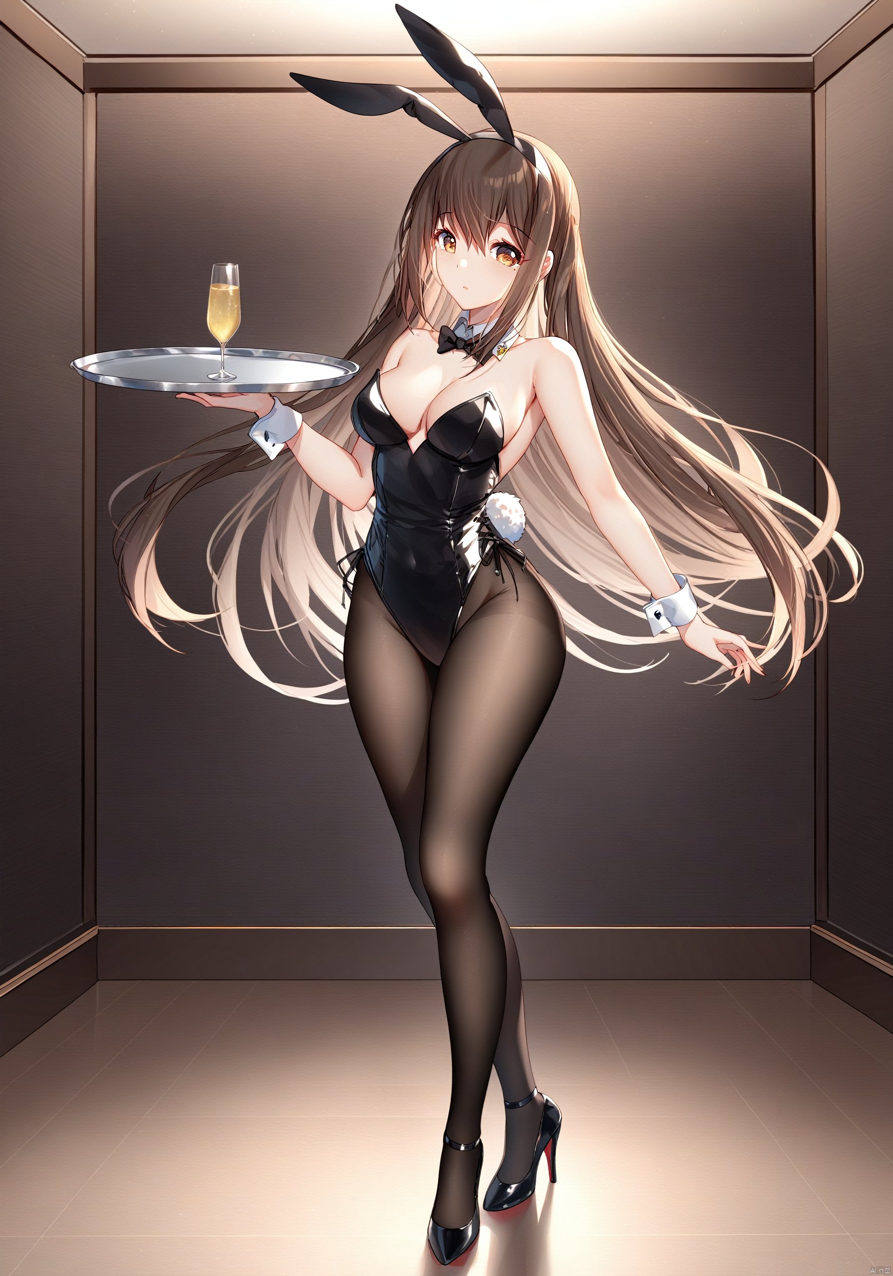 Hermes, 1girl, solo, looking at viewer, breasts, long hair, brown hair, medium breasts, cleavage, brown eyes, animal ears, rabbit ears, high heels, playboy bunny, tray, fake animal ears, standing, pantyhose, full body, leotard, bowtie, detached collar, black footwear, wrist cuffs, bow, BREAK fine fabric emphasis,best quality,masterpiece,best quality,amazing quality,very aesthetic,absurdres,best quality,amazing quality,very aesthetic,absurdres,Highly detailed,best quality,masterpiece,Highly detailed,