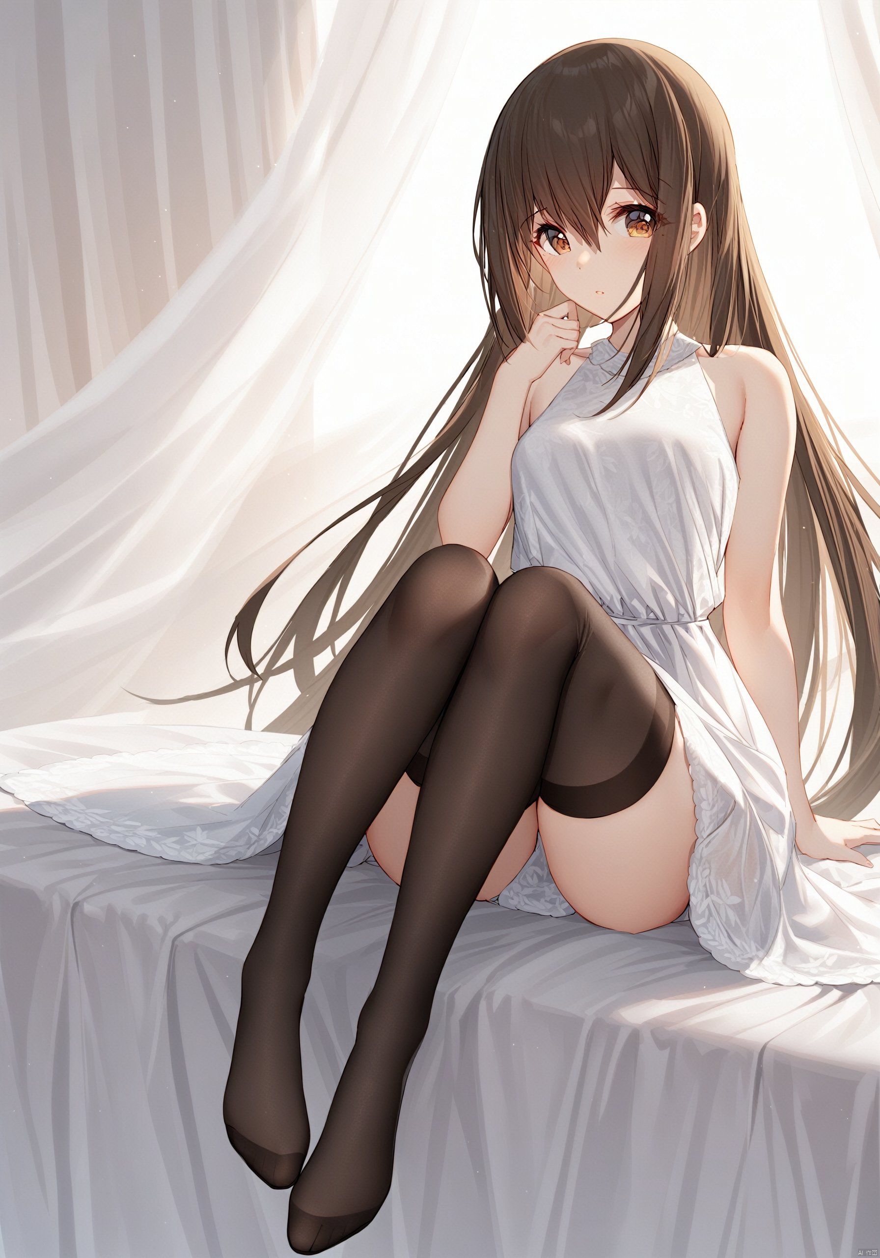 Hermes, 1girl, solo, long hair, brown hair, brown eyes, looking at viewer, white dress, sitting, full body, thighhighs, BREAK, fine fabric emphasis,best quality,masterpiece,best quality,amazing quality,very aesthetic,absurdres,best quality,amazing quality,very aesthetic,absurdres,Highly detailed,best quality,masterpiece,Highly detailed,