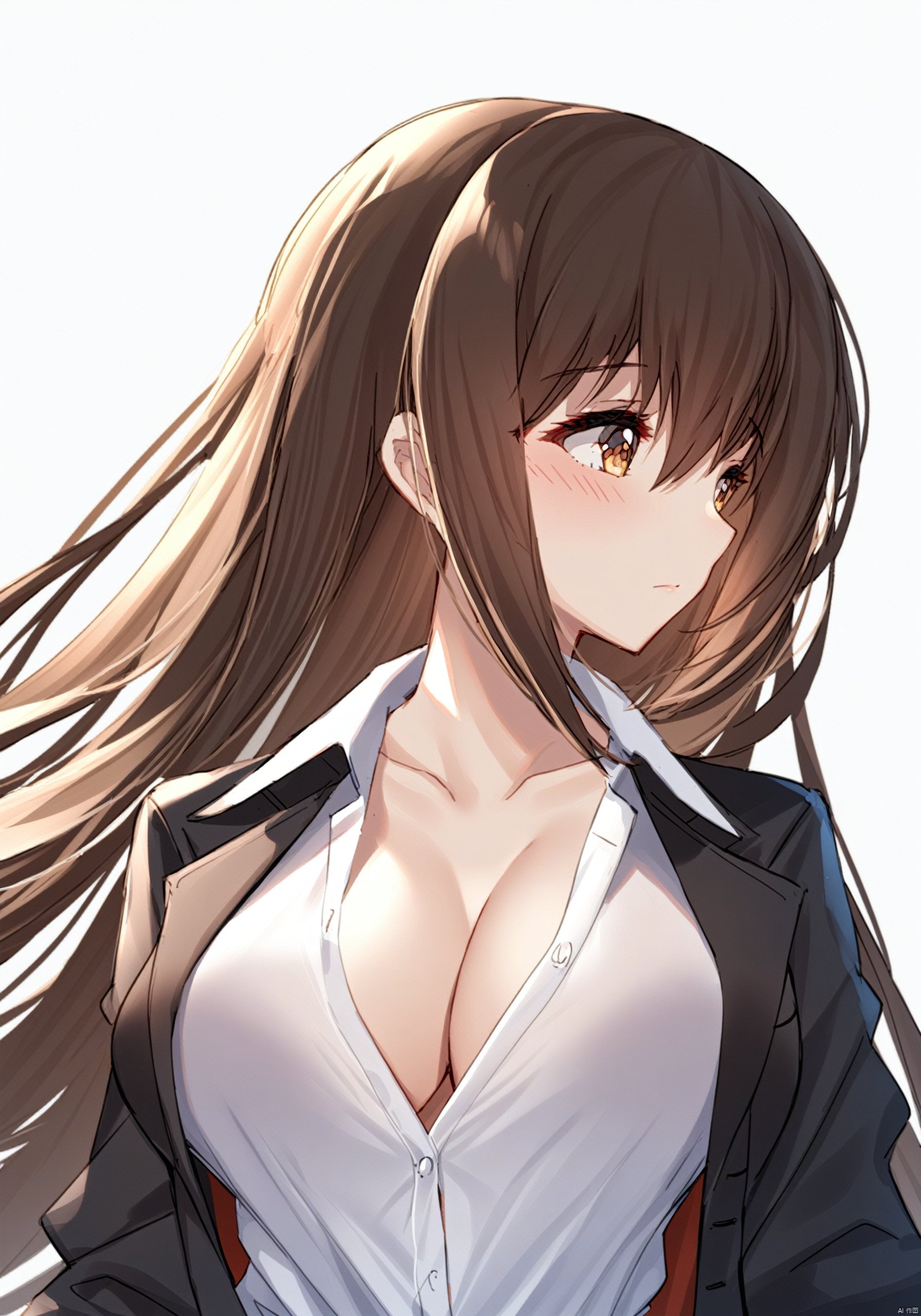 Hermes, 1girl, solo, long hair, brown hair, brown eyes, breasts, cleavage, large breasts, long hair, blush, shirt, white shirt, collared shirt, bow, jacket, hair bow, closed mouth, red bow, upper body, looking away, black jacket, looking to the side, partially unbuttoned, collarbone, dress shirt, long sleeves, BREAK, fine fabric emphasis,best quality,masterpiece,best quality,amazing quality,very aesthetic,absurdres,best quality,amazing quality,very aesthetic,absurdres,Highly detailed,best quality,masterpiece,Highly detailed,