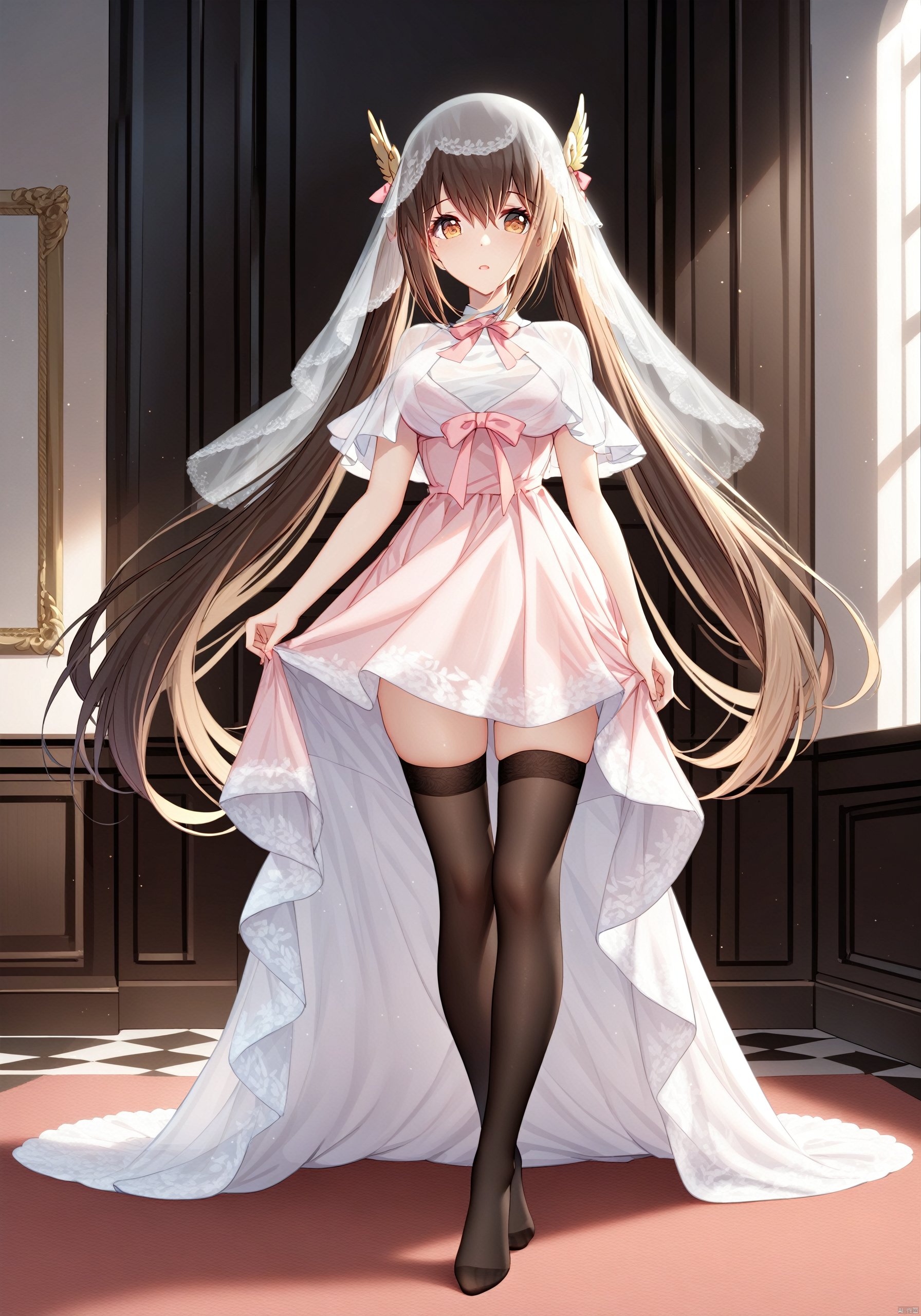 Hermes, 1girl, solo, looking at viewer, breasts, long hair, brown hair, medium breasts, cleavage, brown eyes, pink dress, dress, twintails, bow, no shoes, thighhighs, hair bow, full body, pink bow, standing, indoors, ribbon, see-through, veil, BREAK fine fabric emphasis,best quality,masterpiece,best quality,amazing quality,very aesthetic,absurdres,best quality,amazing quality,very aesthetic,absurdres,Highly detailed,best quality,masterpiece,Highly detailed,