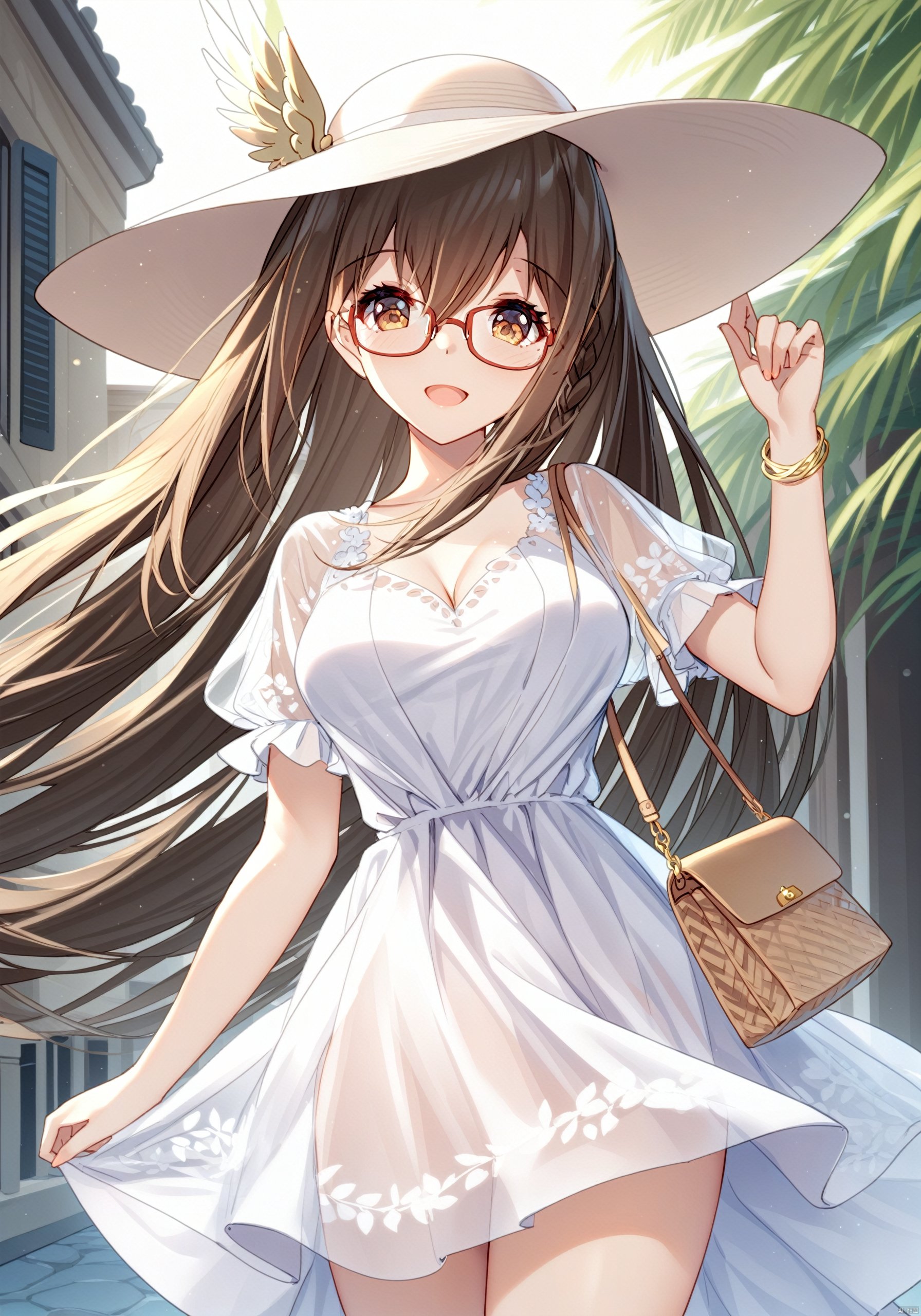 Hermes, 1girl, solo, looking at viewer, breasts, long hair, brown hair, medium breasts, cleavage, brown eyes, smile, open mouth, summer hat, dress, jewelry, braid, short sleeves, :d, outdoors, glasses, puffy sleeves, white dress, bracelet, see-through, handbag, see-through sleeves, standing, cowboy shot, BREAK fine fabric emphasis,best quality,masterpiece,best quality,amazing quality,very aesthetic,absurdres,best quality,amazing quality,very aesthetic,absurdres,Highly detailed,best quality,masterpiece,Highly detailed,