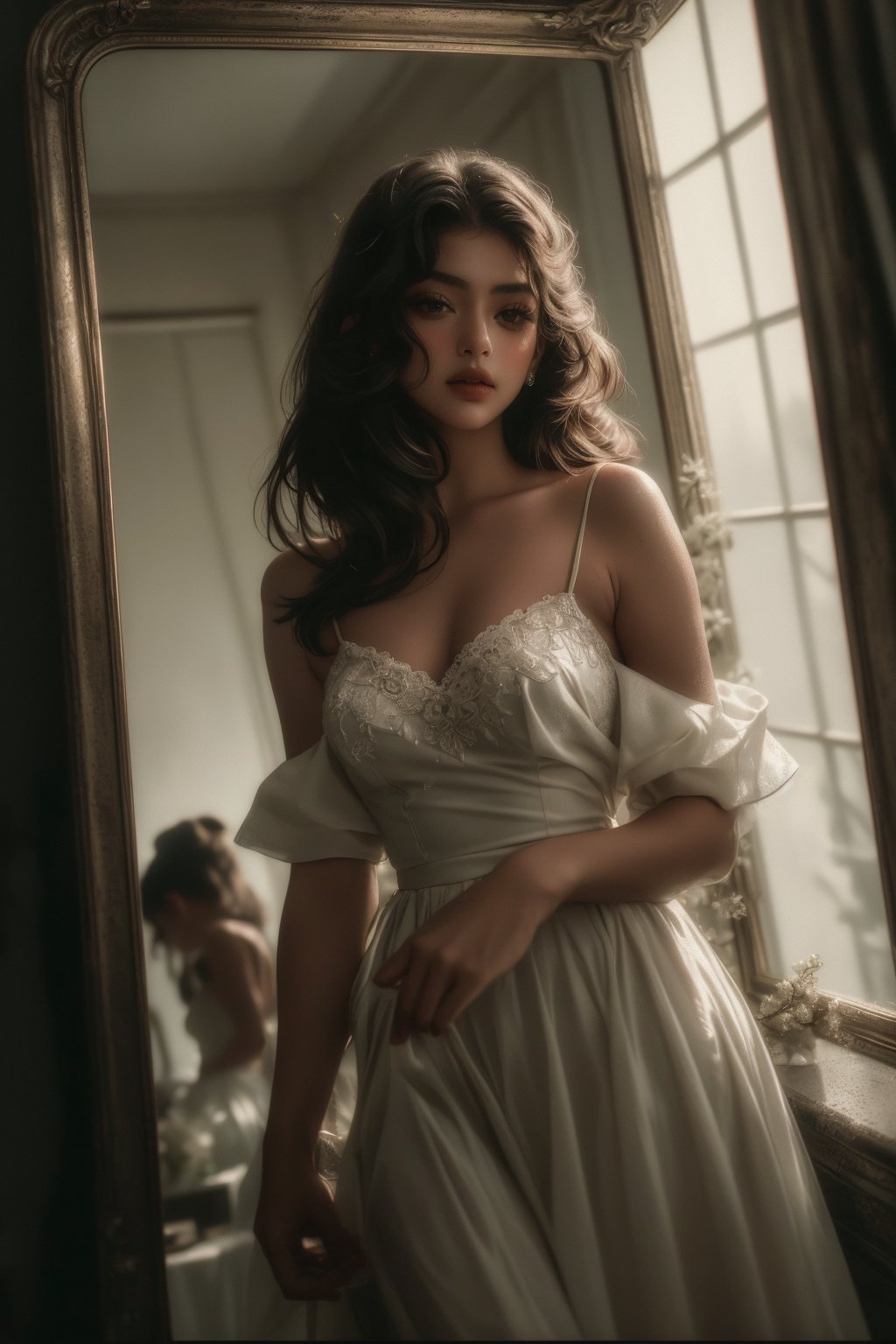 (( film grain, cinematic film, RAW photo, dark, intricate detail, grainy, niosy, gritty, vintage paper, ))
.
.
beautiful woman named Riana, with captivating beauty and an elegant aura, standing in front of a large mirror in a classic and elegant room.